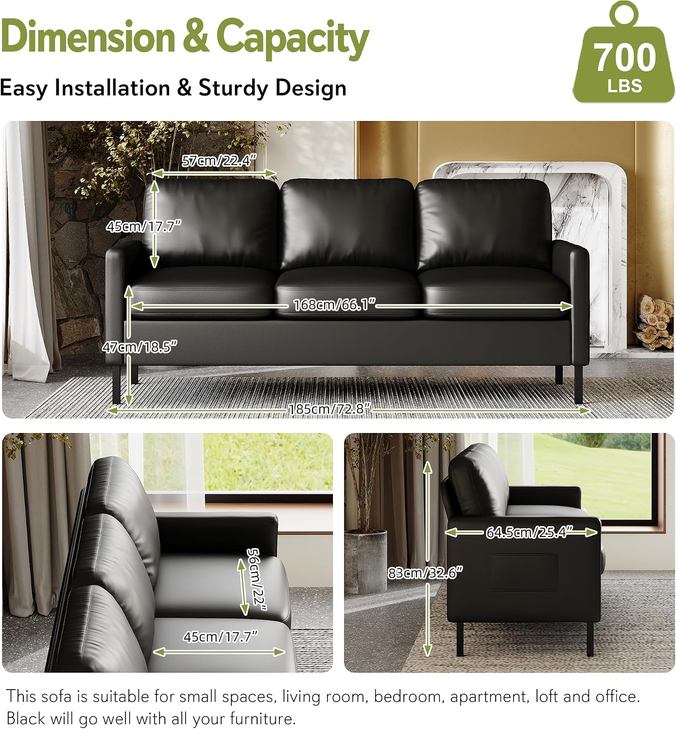 STHOUYN 72' W Faux Leather Black Sofa 3 Seat Couch, Modern Comfy Couch with 2 USB, Small Couches for Living Room Apartment Bedroom Small Spaces, Office(Black (Sofa))