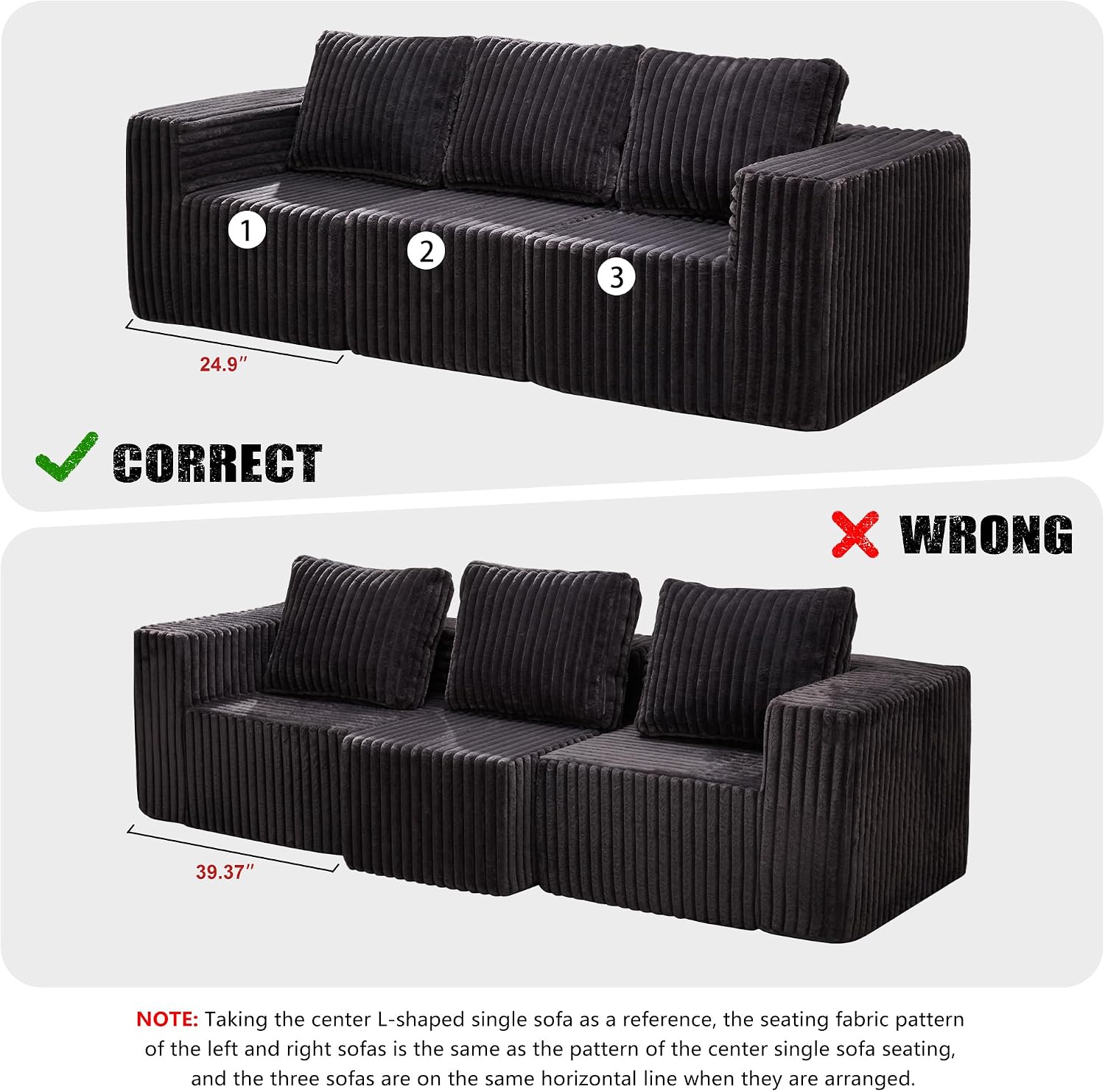 Hobestluk Modular Sectional Sofa Memory Foam Couch Oversized Sectional Sofa 3-Seater with Chaise Cloud Couch with Removable Cover L Shape Sofa for Living Room (Strip Grey, 3-Seater with Chaise)