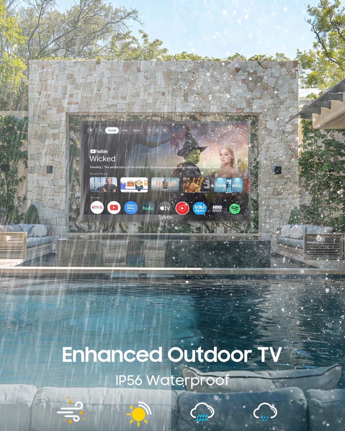 SYLVOX 2000 Nits Full Sun Outdoor TV 65' + Heavy-Duty Adjustable Outdoor TV Wall Mount Bundle – 4K UHD, Dolby Atmos, Google TV, Waterproof, Backyard, Patio, Poolside & Restaurant Ready