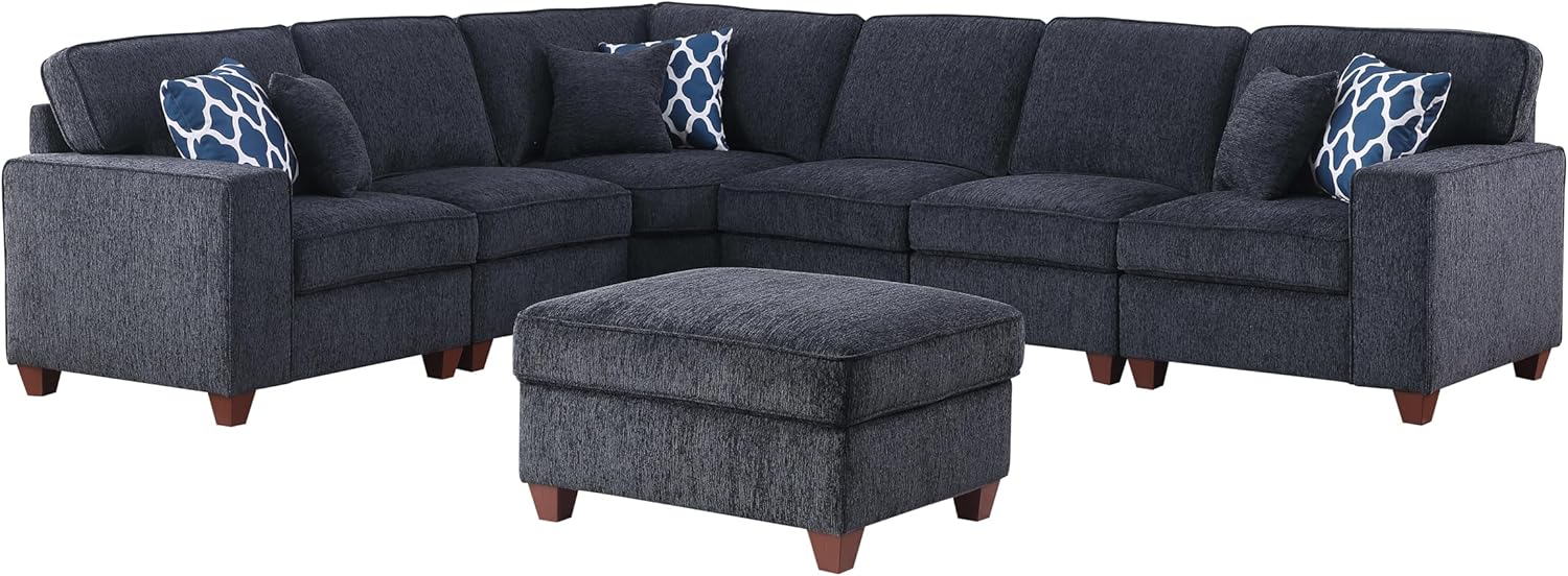 Ball & Cast 116' L-Shaped Sectional Couch with Movable Ottoman & 6 Throw Pillow,7 Seat Chenille Upholstered Sectional Sofa W/Wide Armrest,DIY Combination,Comfy Sectionals Set for Living Room,Dark Gray
