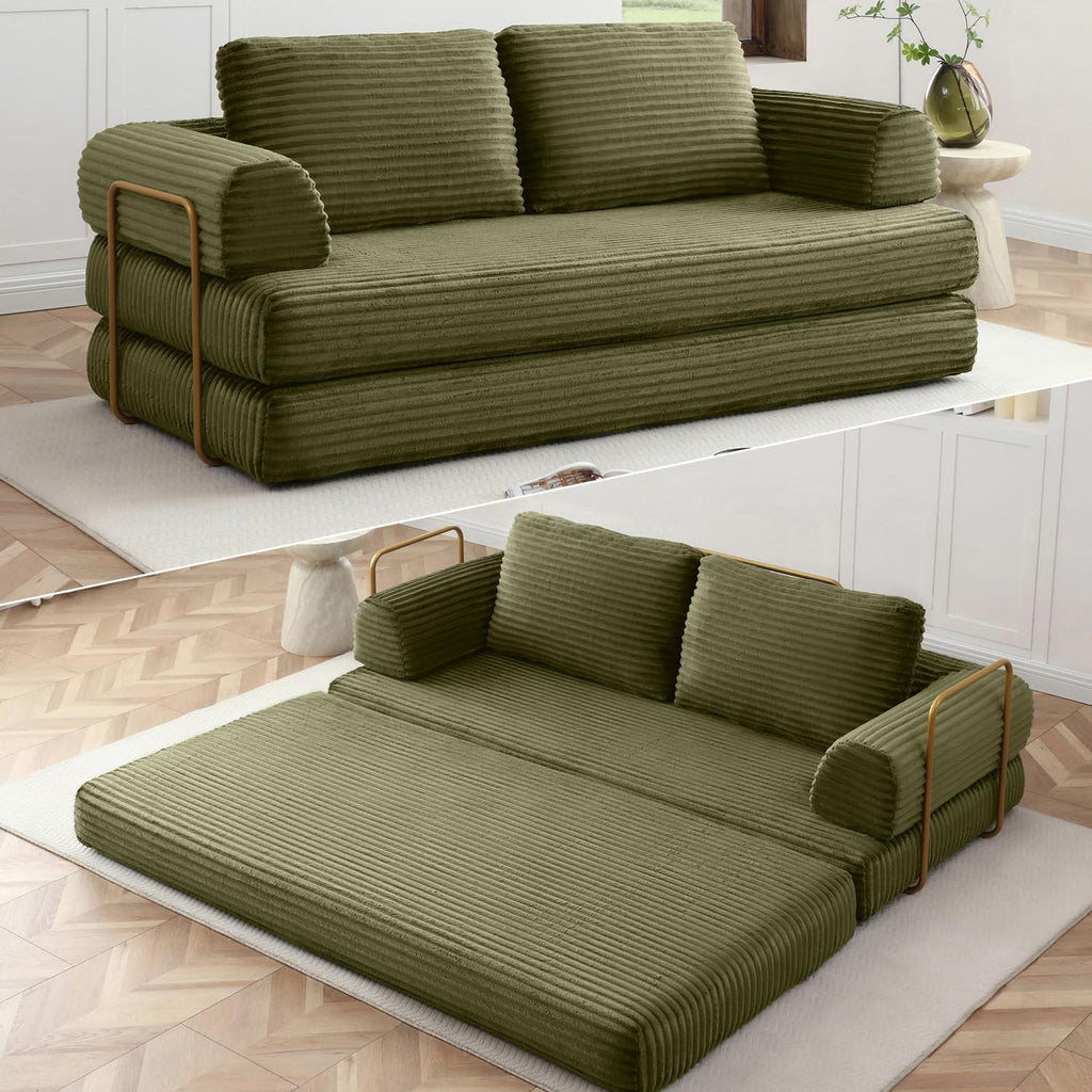 HANXIN 80 Inch Convertible Sleeper Sofa Bed, High Back Plush Corduroy Folding Floor Mattress Couch with Fixed-Shape Frame, Boneless Futon Loveseat with Pull Out Bed, No Assembly Required (Green)