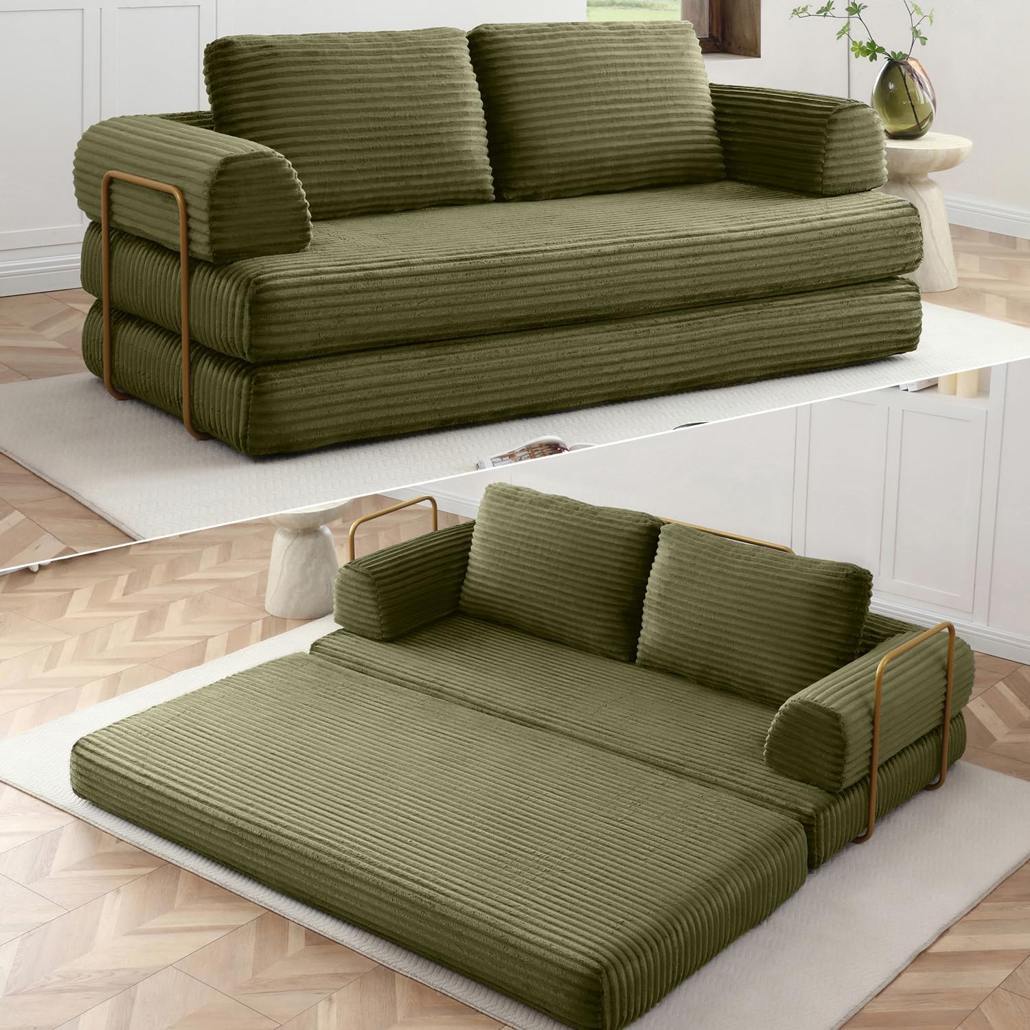 HANXIN 80 Inch Convertible Sleeper Sofa Bed, High Back Plush Corduroy Folding Floor Mattress Couch with Fixed-Shape Frame, Boneless Futon Loveseat with Pull Out Bed, No Assembly Required (Green)