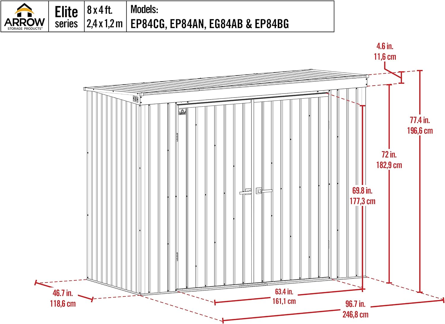 Arrow Shed Elite 8' x 4' Tall Outdoor Steel Storage Shed with High Gable and Lockable Doors Storage Building with Pent Roof, Anthracite