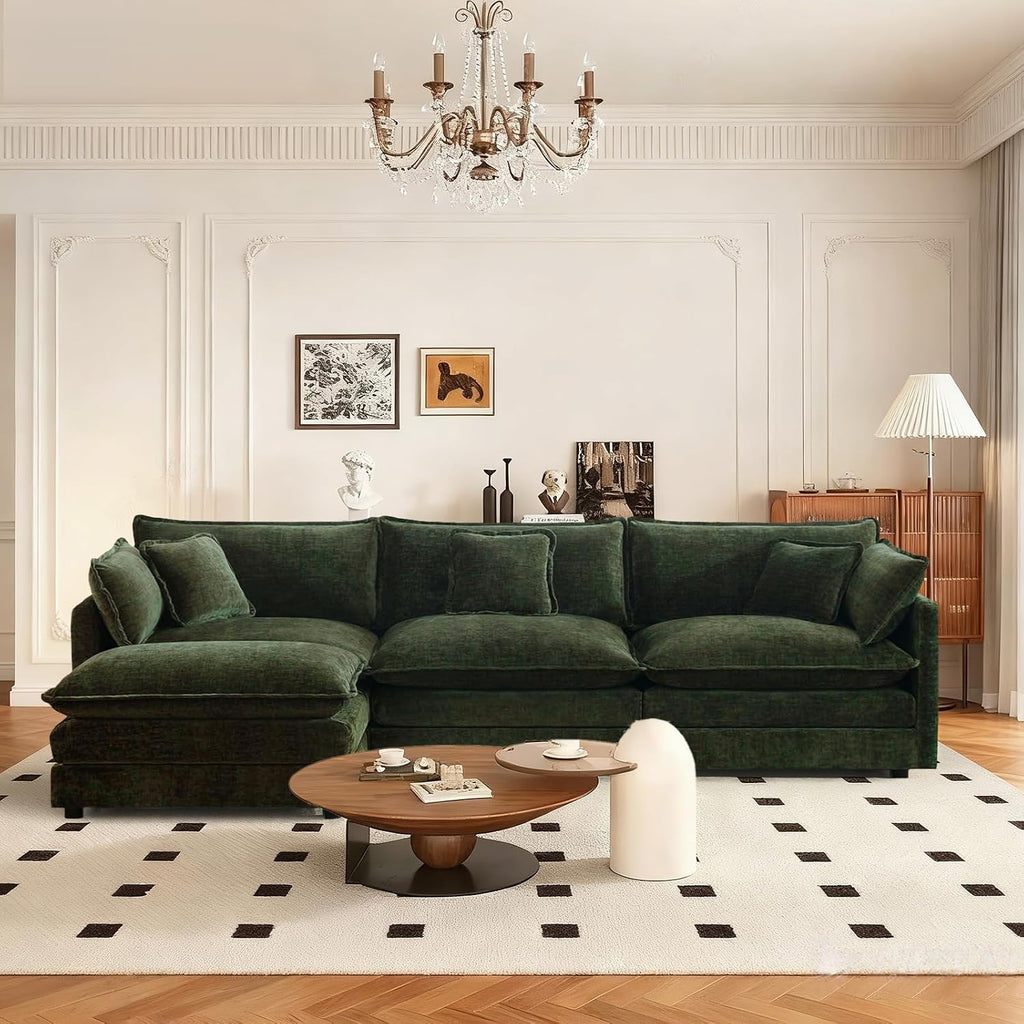 SoarFlash Chenille Sectional Sofa, Comfy L Shaped Modular Coush Sofa with Ottoman, Modern 3 Seat Couch Deep Seat Sofa Set for Living Room,Green