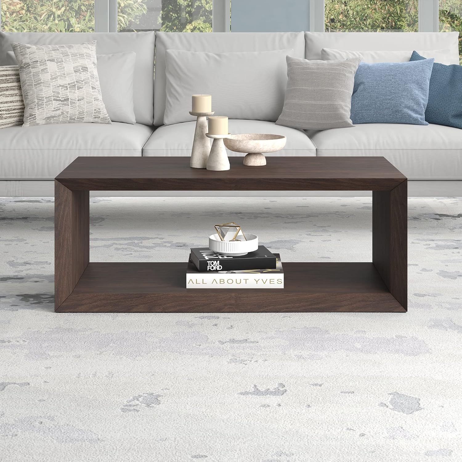 Henn&Hart 48' Rectangular Wood Coffee Table with Open Storage Shelf for Living Room, Family Room, or Office, Alder Brown
