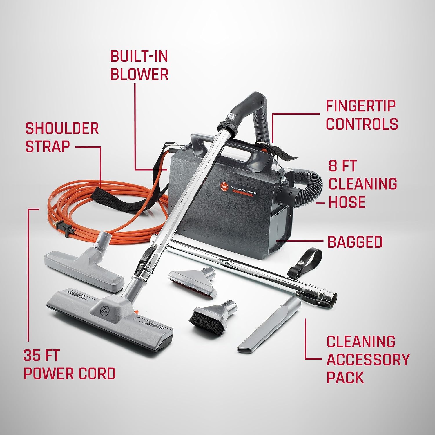 Hoover Commercial PortaPower Lightweight Canister Vacuum Cleaner, Bagged Canister Vac with Attachments, 2-in-1 Vac and Blower, Corded Vacuum Cleaners for Commercial Use