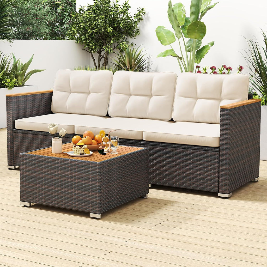 Tangkula 3-Seat Patio Wicker Couch Sofa, Outdoor 3 Seater Rattan Furniture Set with Acacia Wood Armrests & Thick Cushion, Outside Sectional Sofa Couch for Porch, Deck, Garden and Backyard, Off White