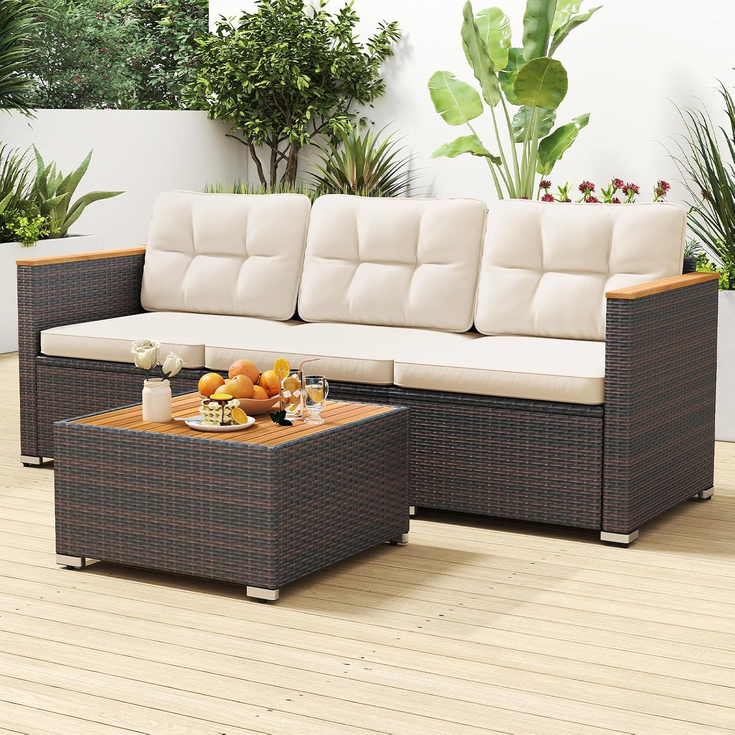 Tangkula 3-Seat Patio Wicker Couch Sofa, Outdoor 3 Seater Rattan Furniture Set with Acacia Wood Armrests & Thick Cushion, Outside Sectional Sofa Couch for Porch, Deck, Garden and Backyard, Off White