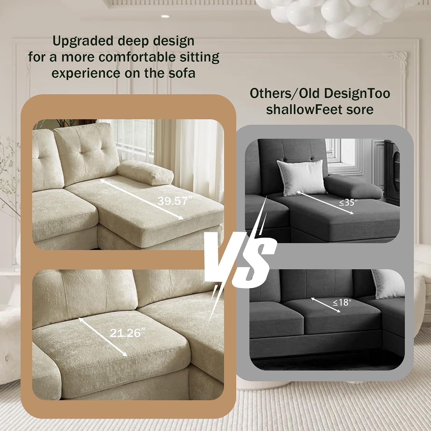 Sectional Couch for Living Room, Modern Polyester Fibre U Shaped Sofa Couches with Double Chaise, Upholstered 4 Seater Sofa for Living Room, Apartment, Office, Beige