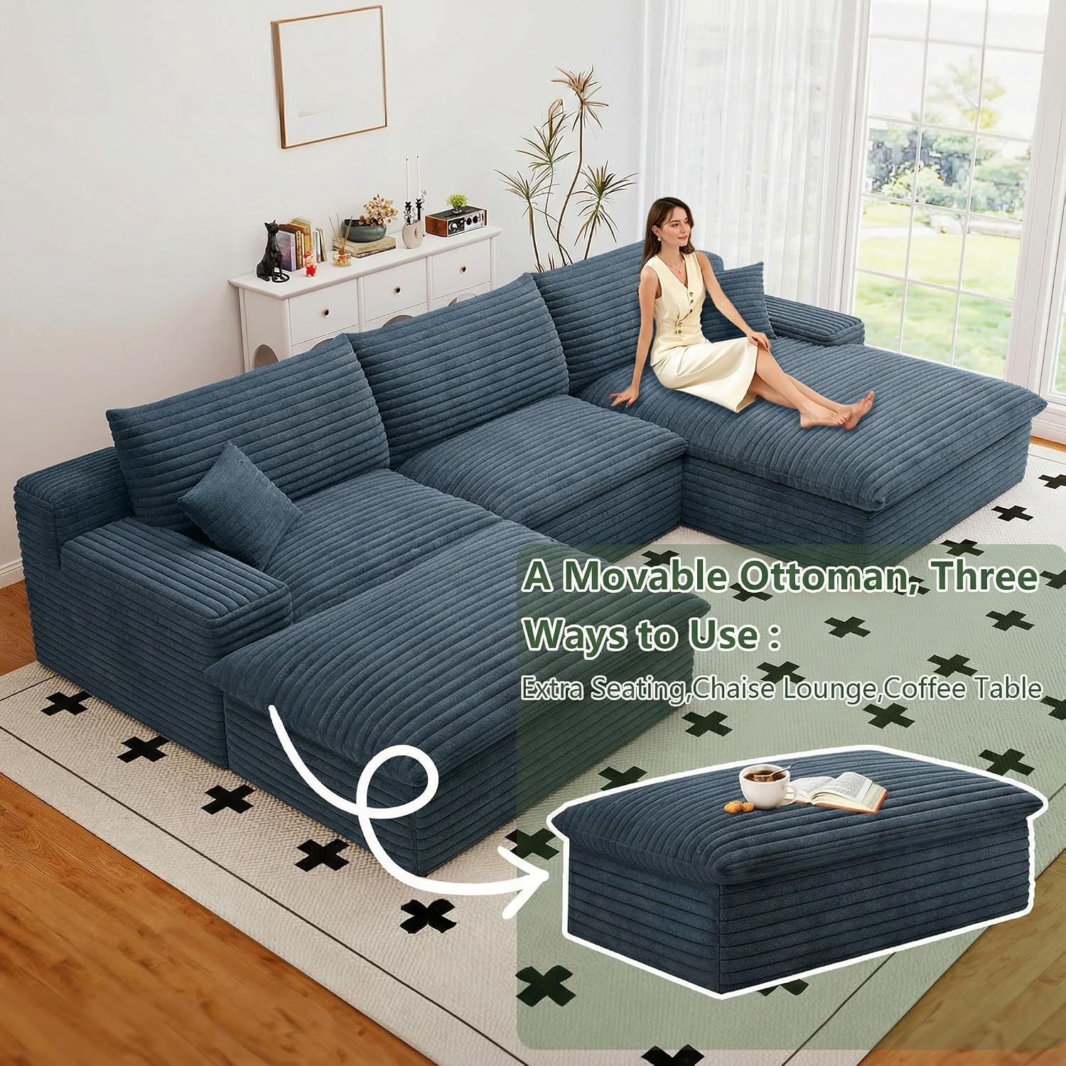 107' Cloud Couch Modular Sectional Sofa for Living Room, U-Shape Boneless Couch with Deep Seat, Modern Corduroy 3-Seater with Ottoman, No Assembly Required (Blue,Right-Facing Chaise)
