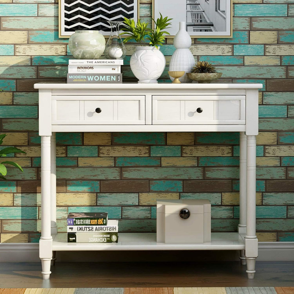 Bellemave Console Table with Drawers, Retro Entryway Table with 2 Drawers and Open Storage Shelf, Narrow Long Sofa Table, Behind Couch Table for Living Room, Foyer and Hallway, Ivory White