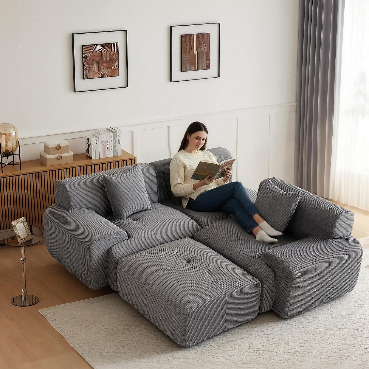 107' Cloud Modular Sectional Couch,Boneless Sofa with Ottman,L-Shape Upholstered Sofas with Deep Seat,Modern Cozy Corduroy Couches with Memory Foam,No Assembly Required (Dark Grey)