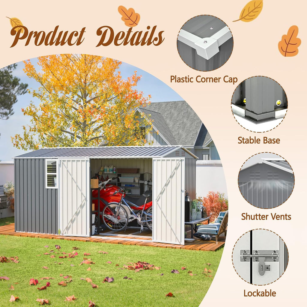 8X12 FT Outdoor Storage Shed,Metal Shed with Window,Floor Frame & Lockable Door,Garden Tool House with Vents & Sloped Roof,Waterproof Outside Storage Building for Backyard, Patio