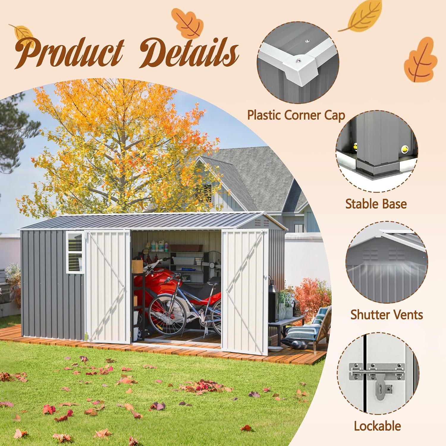 8X12 FT Outdoor Storage Shed,Metal Shed with Window,Floor Frame & Lockable Door,Garden Tool House with Vents & Sloped Roof,Waterproof Outside Storage Building for Backyard, Patio