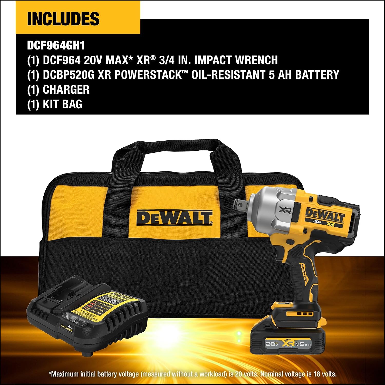 DEWALT 20V MAX XR 3/4 Inch Cordless Impact Wrench Kit with POWERSTACK Battery and Charger (DCF964GH1)