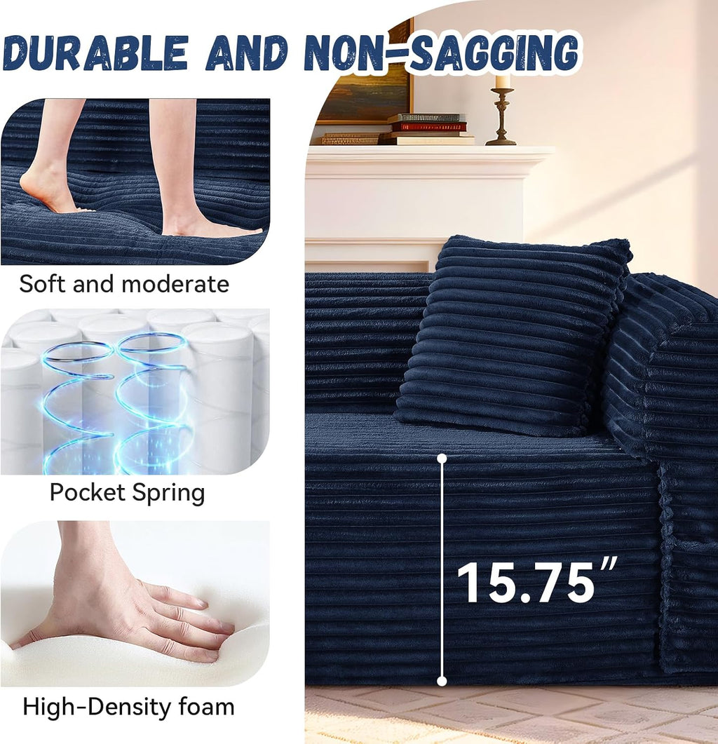3 Seater Sofa Couch for Living Room (Blue, 30' D + 2 Pillows +Fixed-Shape Frame)