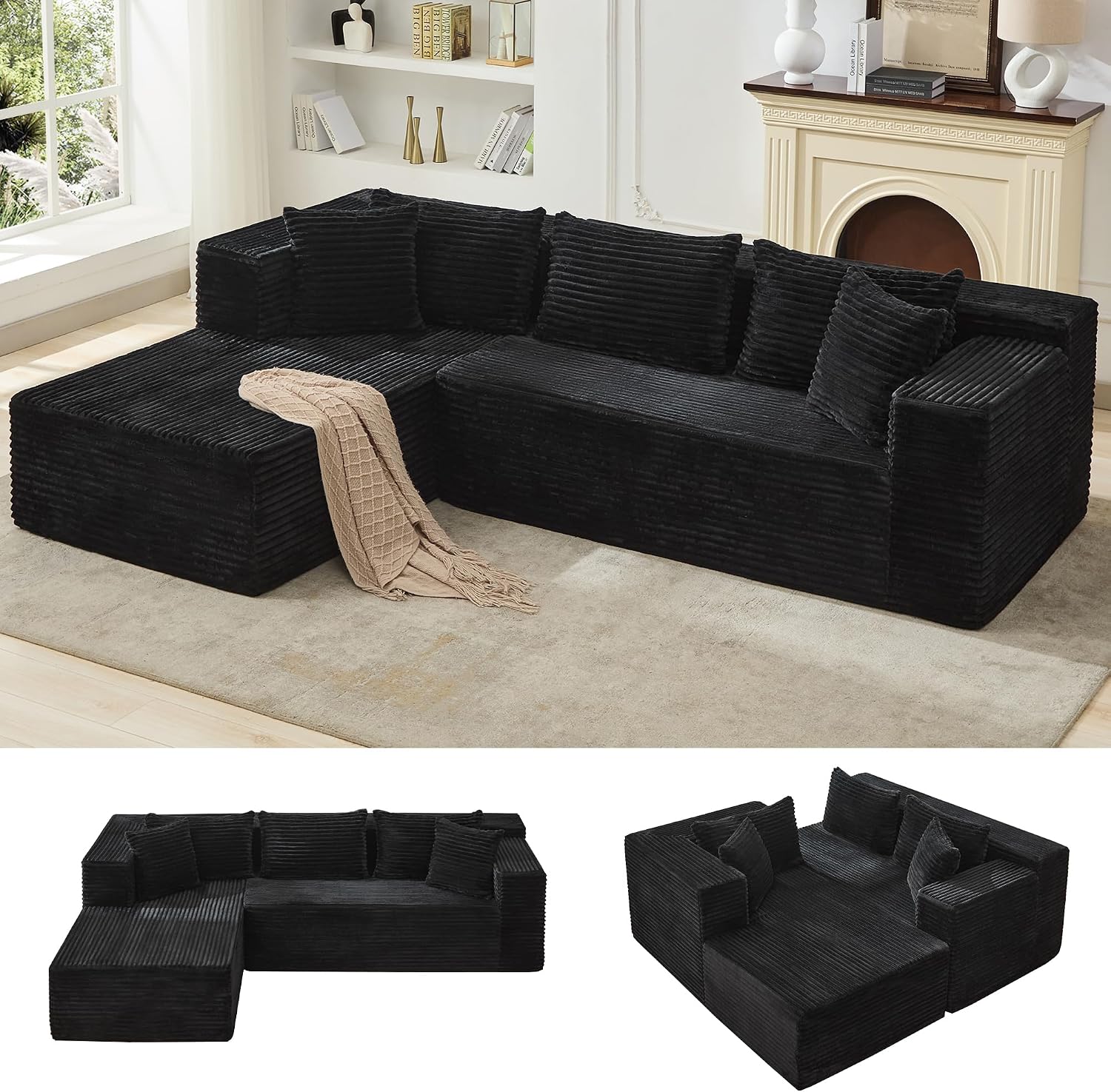 Modular Sectional Sofa Cloud Sectional Couch, 106' Comfy L Shaped Black Couches for Living Room,Oversized Sofa Sleeper with Deep Seat, No Assembly Required