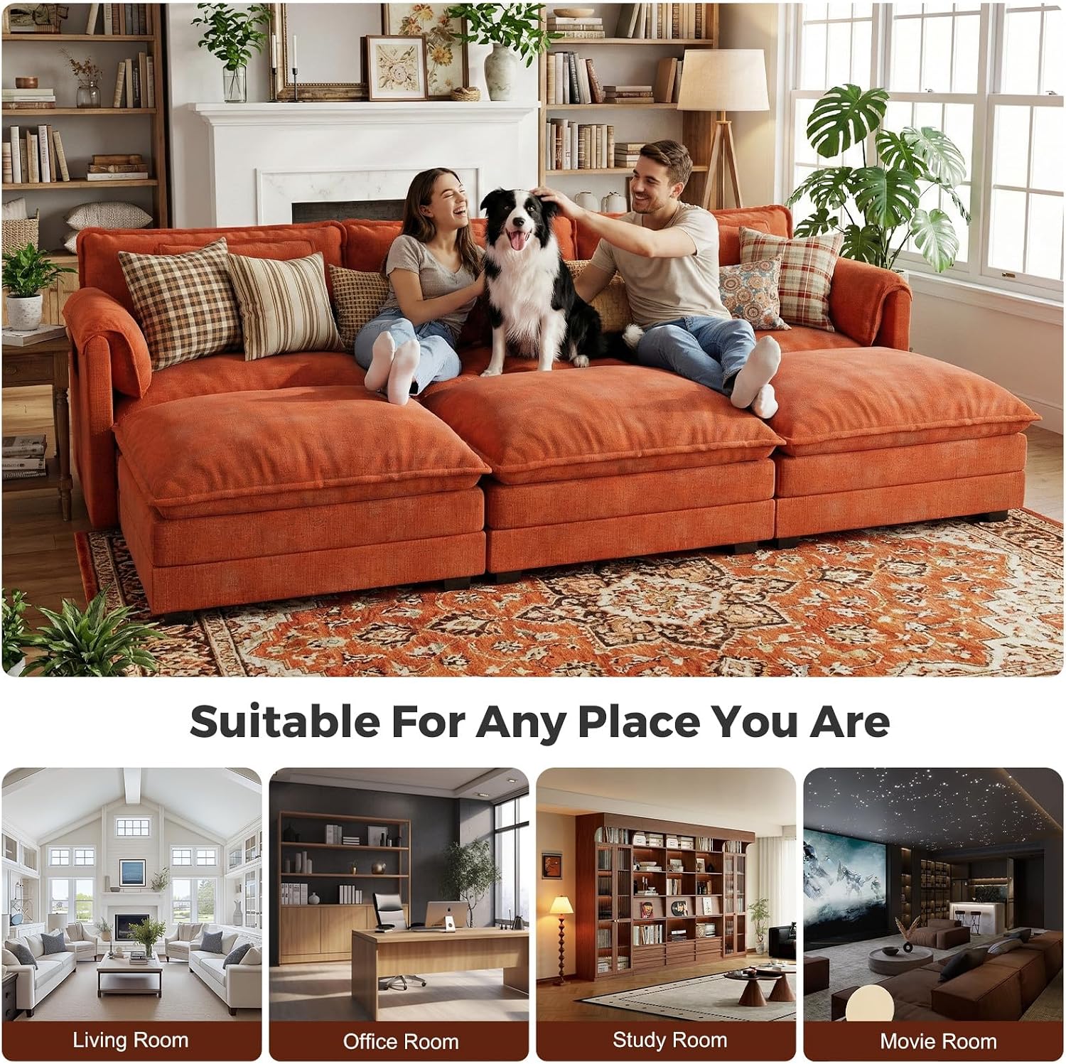 ELUCHANG 113' Luxury Modular Sectional Sofa, Comfy Deep Seat Cloud Couch, Sleeper Sofa Bed, 6 Seat Modern Couch with Removable Cover for Living Room, Apartment, DIY Combination, Chenille Terracotta