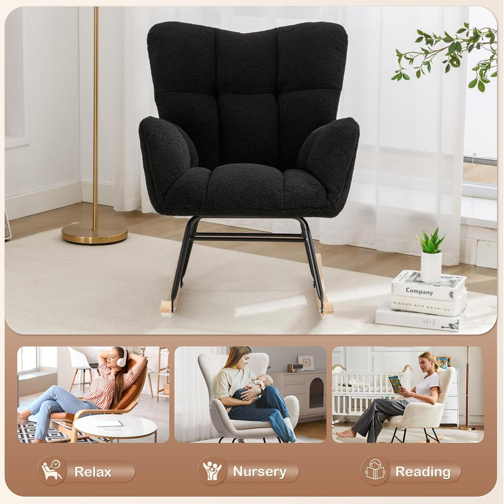 Setawix Teddy Fabric Rocking Accent Chair,Mid Century Modern Rocking Glider Armchair,Leisure Tufted Rocker Arm Chair for Nursery,Bedroom,Living Room (Teddy Black, 27.6')
