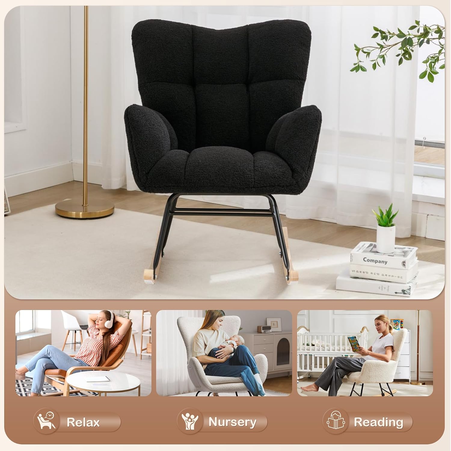 Setawix Teddy Fabric Rocking Accent Chair,Mid Century Modern Rocking Glider Armchair,Leisure Tufted Rocker Arm Chair for Nursery,Bedroom,Living Room (Teddy Black, 27.6')