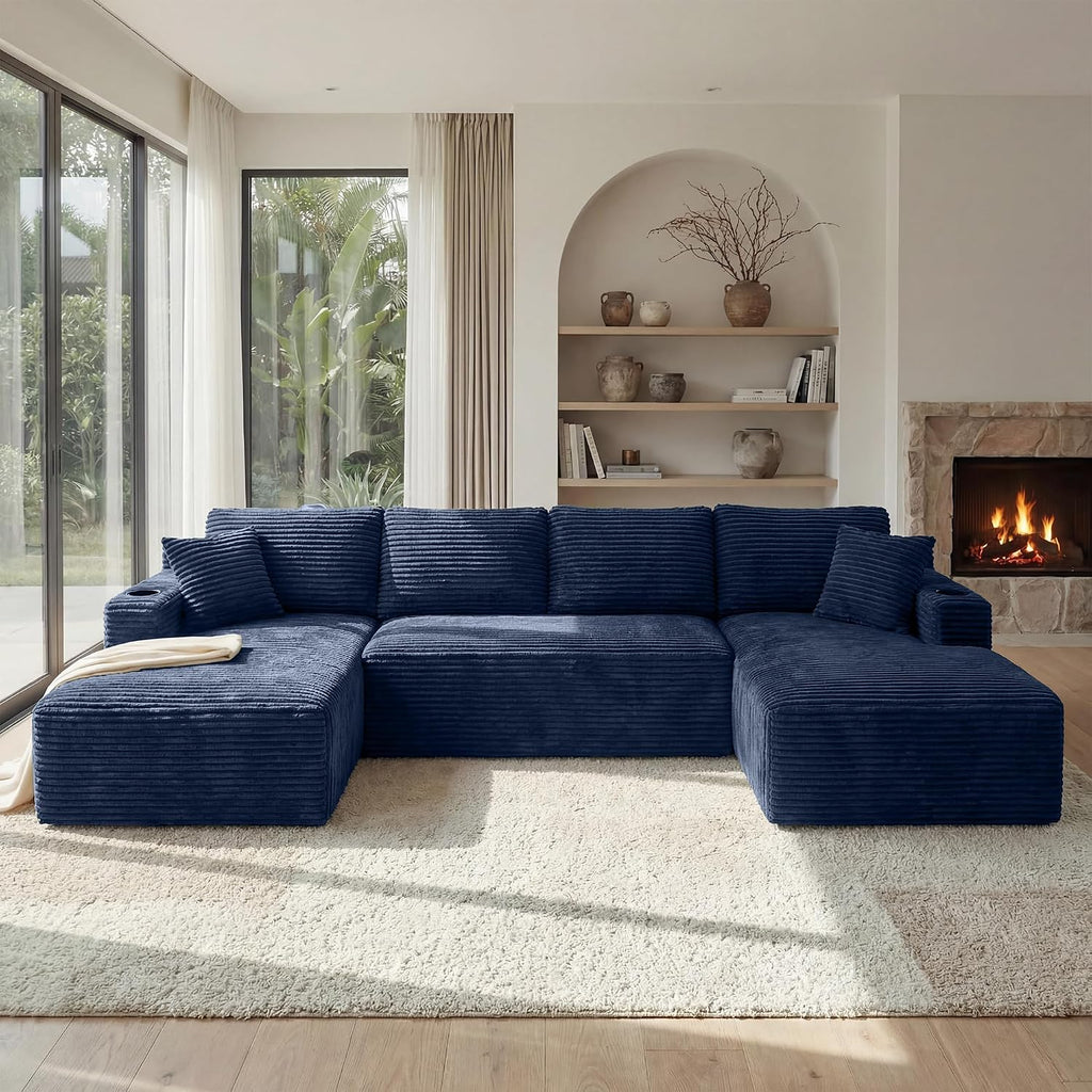 125' Oversized Cloud Boneless Couch with Chaise, Modern Modular Sofa with Deep Seat, Corduroy Upholstered U Shaped Couch for Living Room, No Assembly Required (Blue)