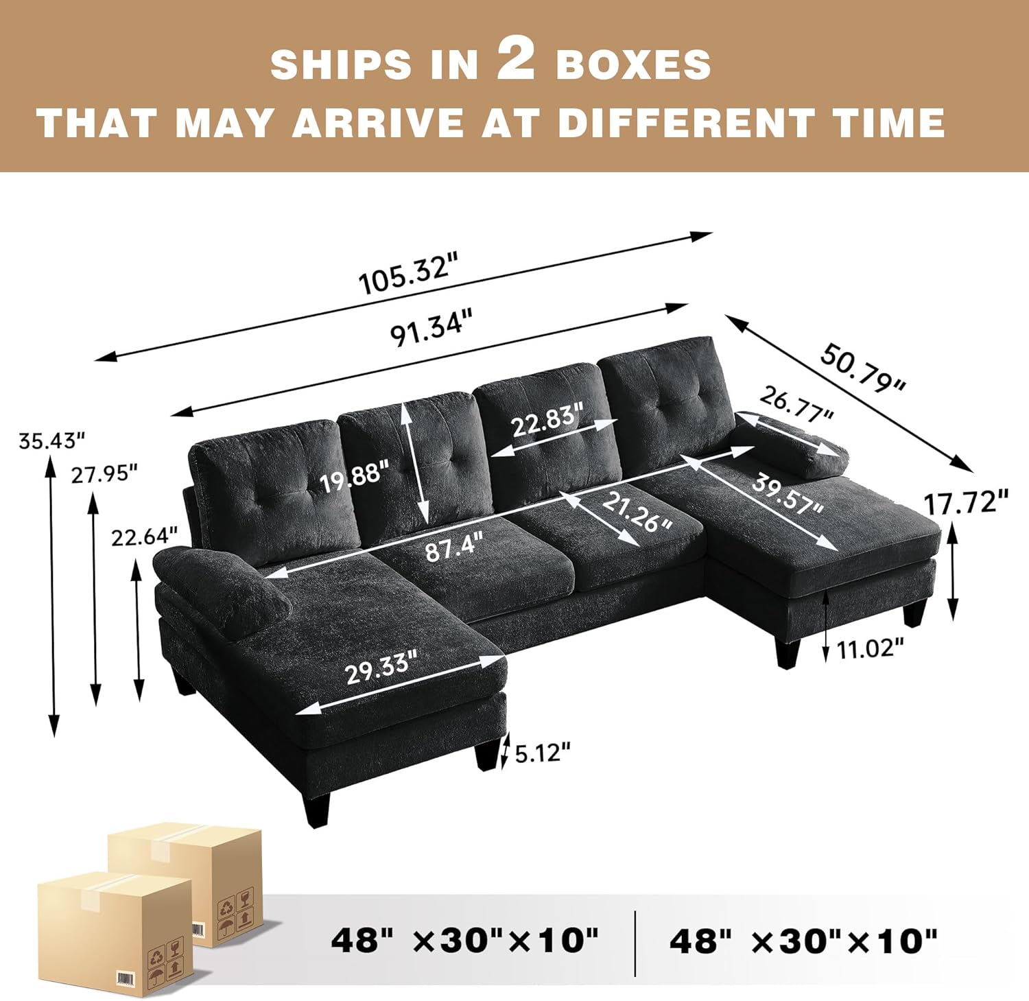 Sectional Couch for Living Room, Modern Polyester Fibre U Shaped Sofa Couches with Double Chaise, Upholstered 4 Seater Sofa for Living Room, Apartment, Office, Black