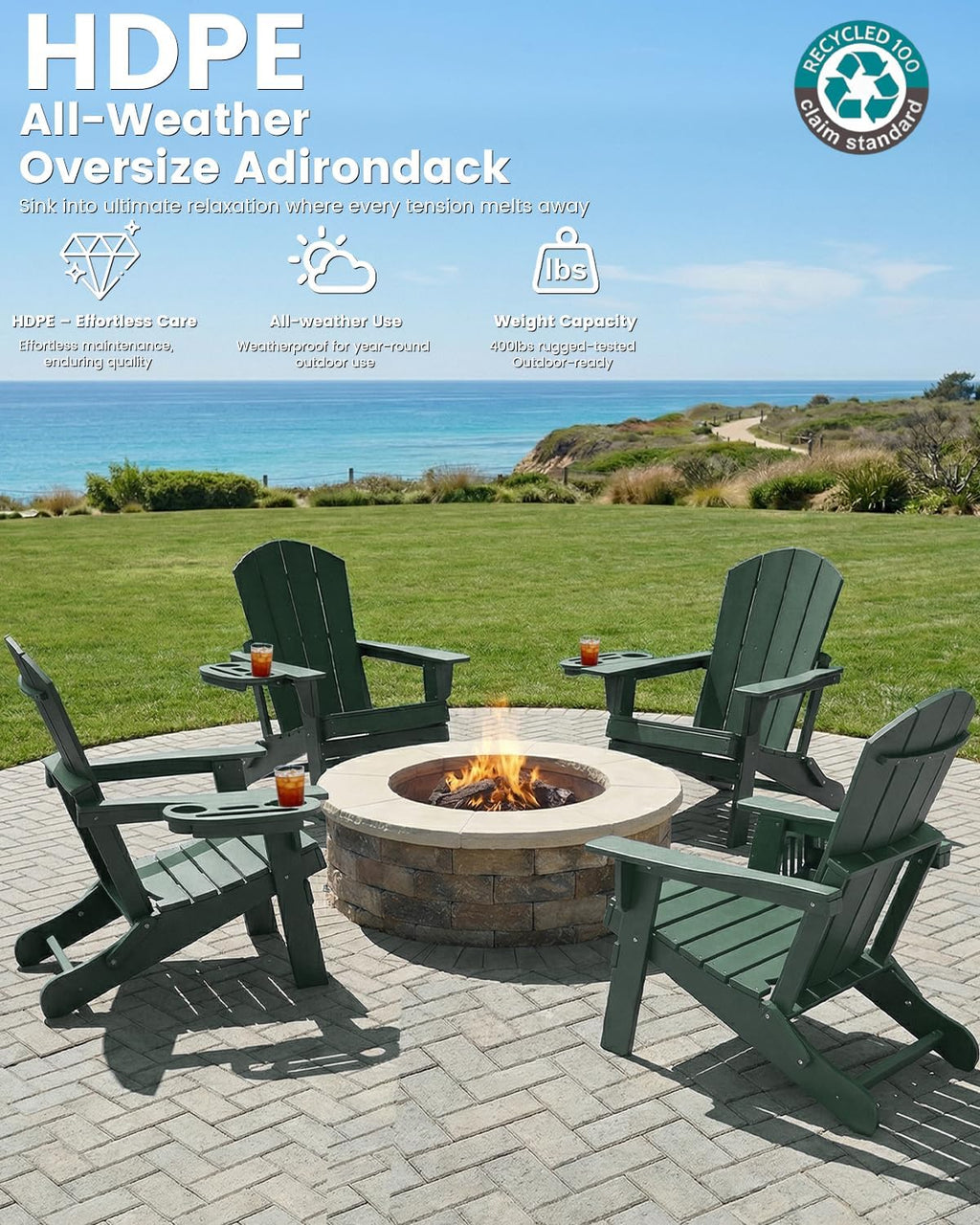 FOOWIN Folding Adirondack Chair Set of 4, HDPE Adirondack Chairs with Cup Holder, Weather Resistant Plastic Fire Pit Chairs for Outdoor, Patio, Lawn, Garden, Backyard, Deck, Green