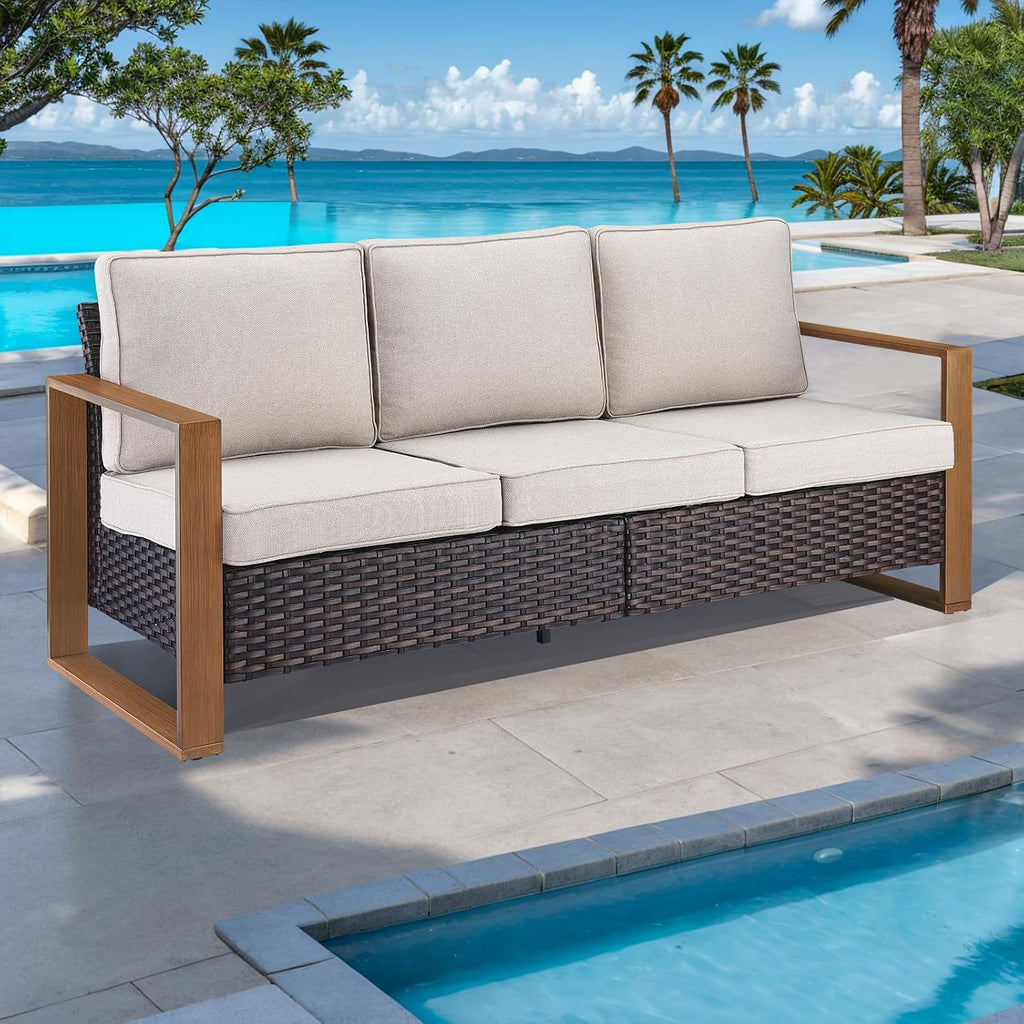 Rilyson Outdoor Couch Wicker Patio Sofa, Rattan Patio Furniture Sofa with Sturdy Frame,All-Weather PE Wicker,Wide Armrest,Deep Seating and Thick Cushions for Deck Porch Garden(Brown/Beige)