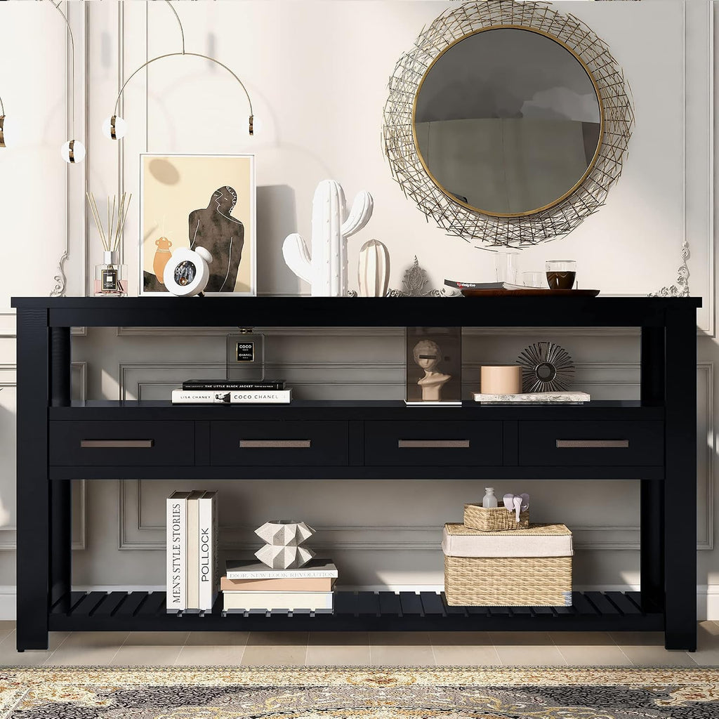 Modern Console Table Long Narrow 62-Inch Sofa Entry Table with Drawers & Open Shelves for Living Room Entryway, Easy Assembly(Black)