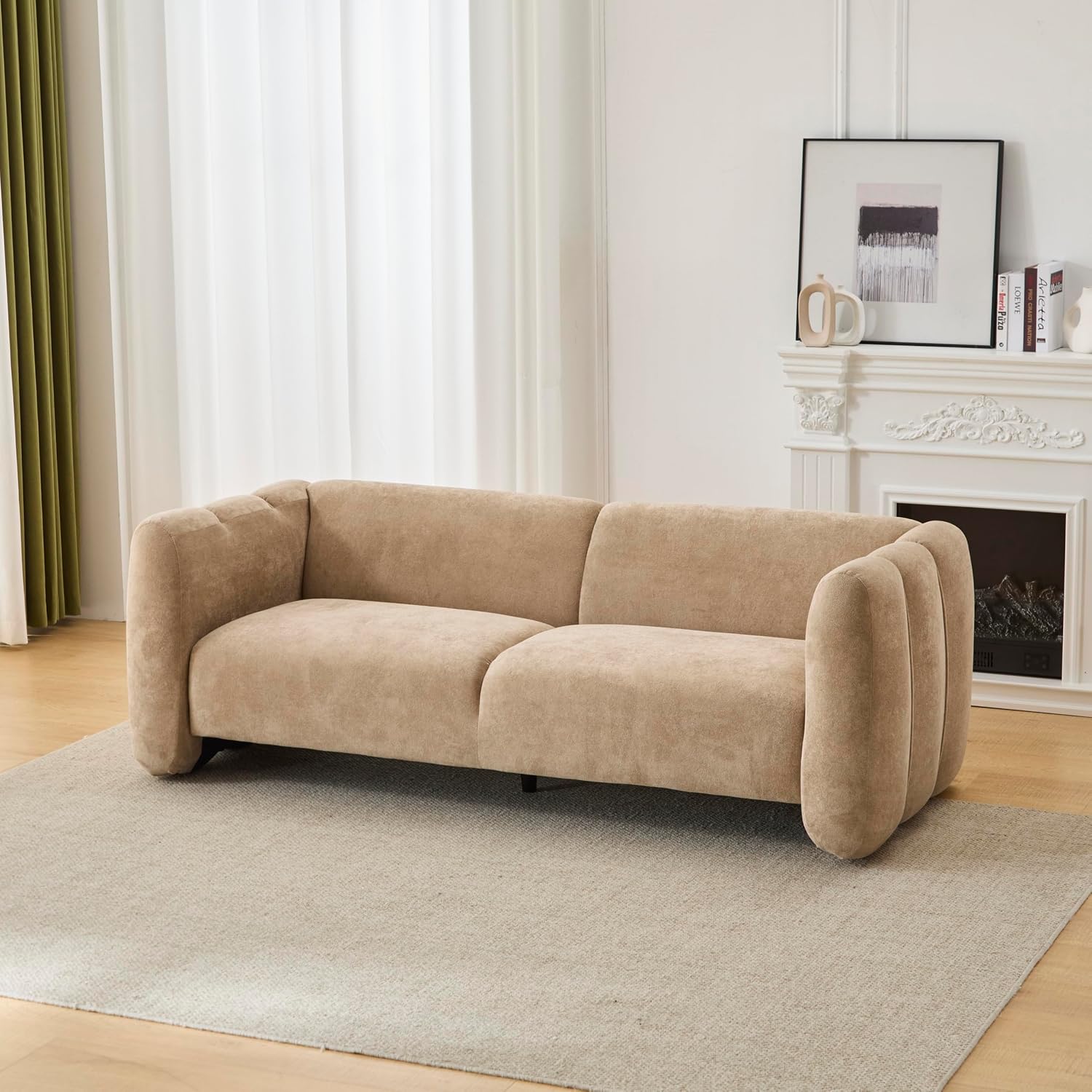 Christopher Knight Home Ahri 83'' Wood Frame Lounge Sofa Couch with Wave Design, Soft Seating 3-Seater Sofa with Armrests, Comfy Velvet Upholstered Home Sofa for Living Room and Office, Camel