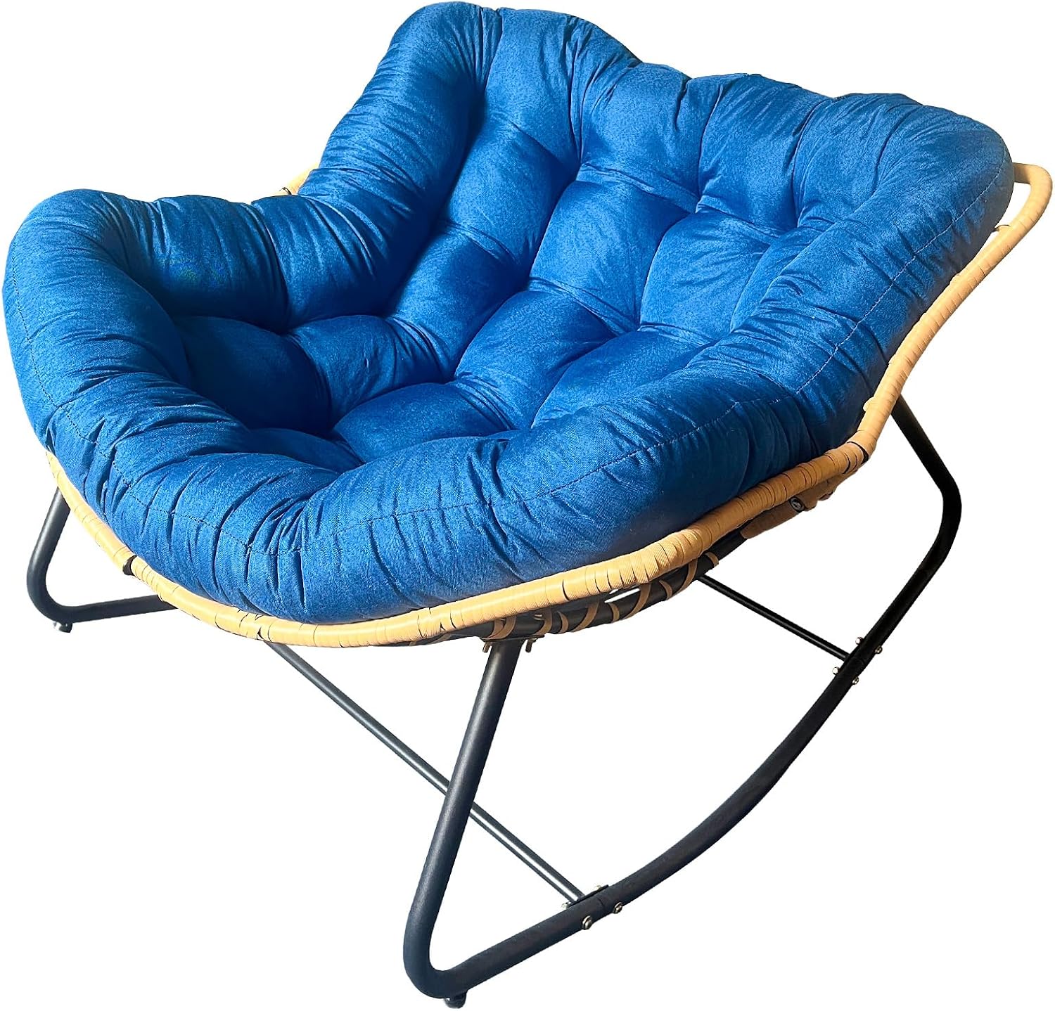 Outdoor Rocking Chair, Patio Egg Rocking Chair, Indoor Papasan Chair, Rattan Wicker Lounge Chair, Modern Royal Chair for Bedroom, Living Room, Porch, Garden,Lawn (41.3' Dark Blue)