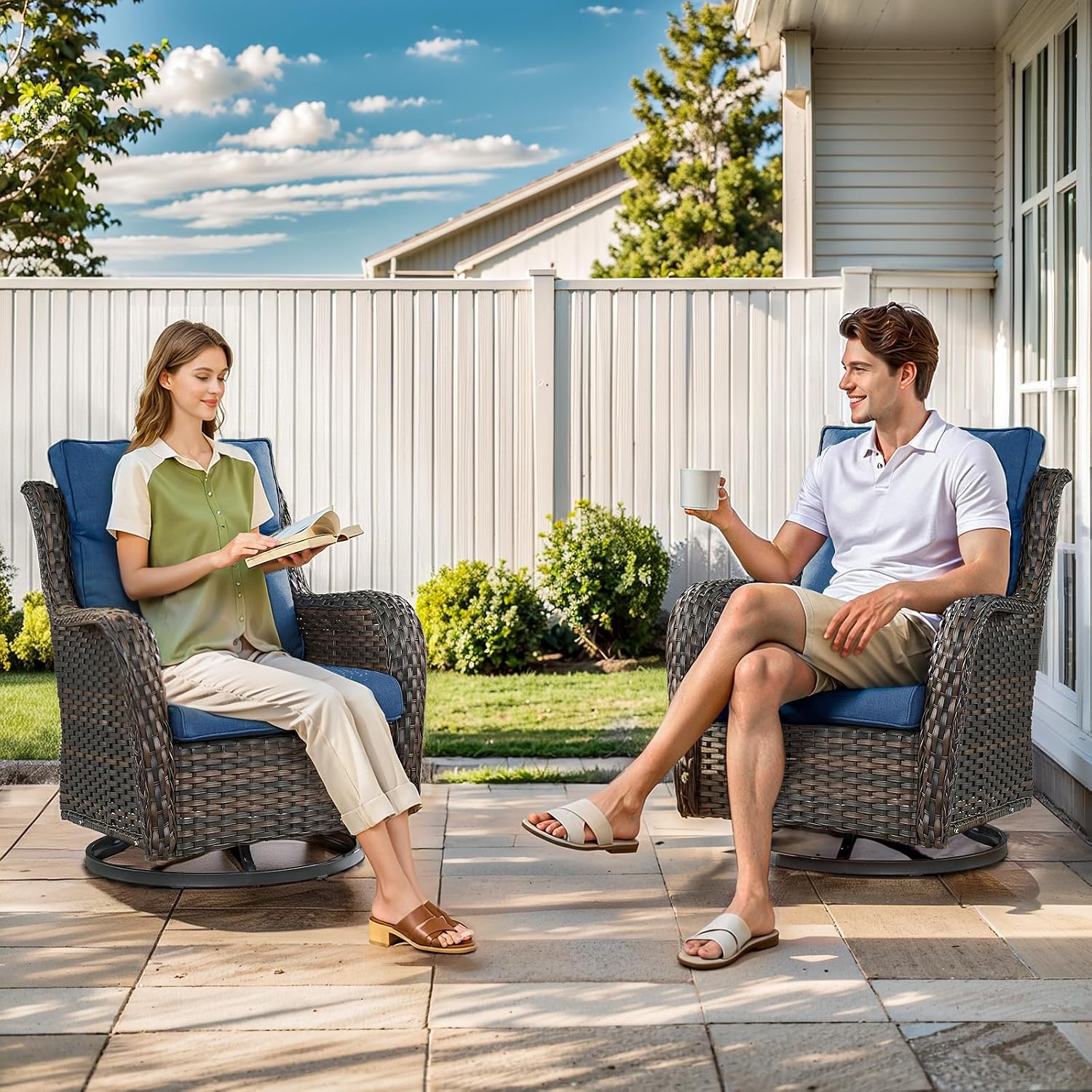 Outdoor Swivel Rocker Patio Chairs with 2 Ottomans - 5' Thick Cushion 4 Piece Furniture Set All Weather Comfortable Wicker Conversation Set for Porch Poolside and Deck - Brown-Blue