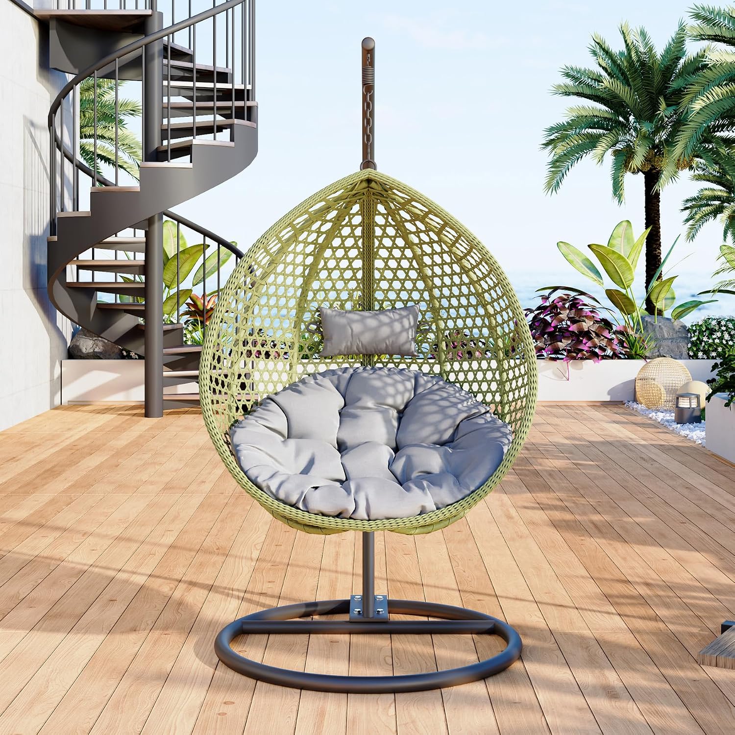 Egg Swing Chair Outdoor with Stand, Hanging Egg Rattan Basket Chair with Cushion and Pillow, Swinging Egg Chair, Foldable Basket and Metal Stand for Porch, Patio, Bedroom, Balcony,Yard (Green)