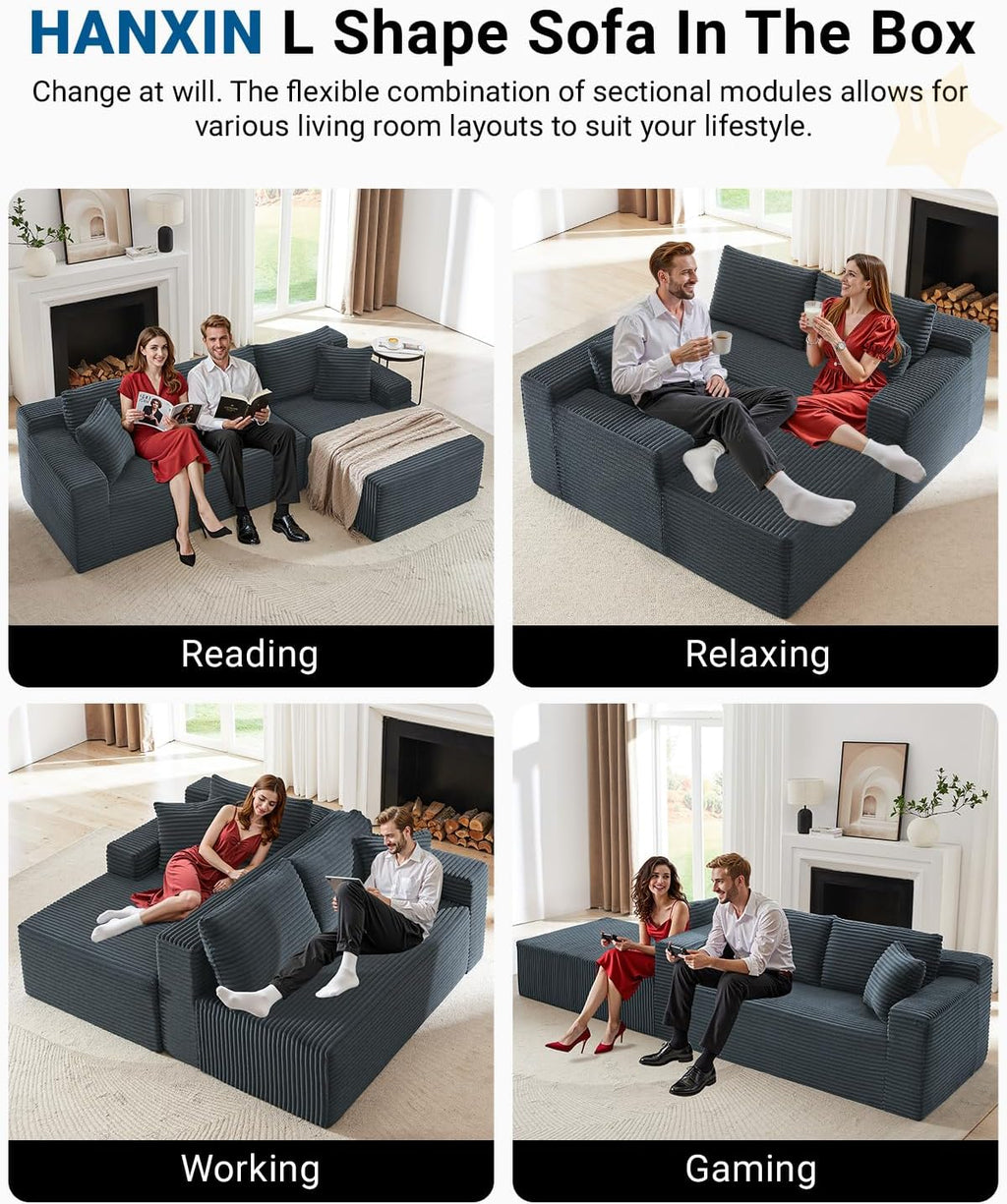 105 Inch Cloud Sectional Couch,Modern Modular Sectional Sofa with Deep Seat,Corduroy Boneless Couches with L-Shape Chaise for Living Room Bedroom,No Assembly Required (Dark Grey, Right Facing Chaise)