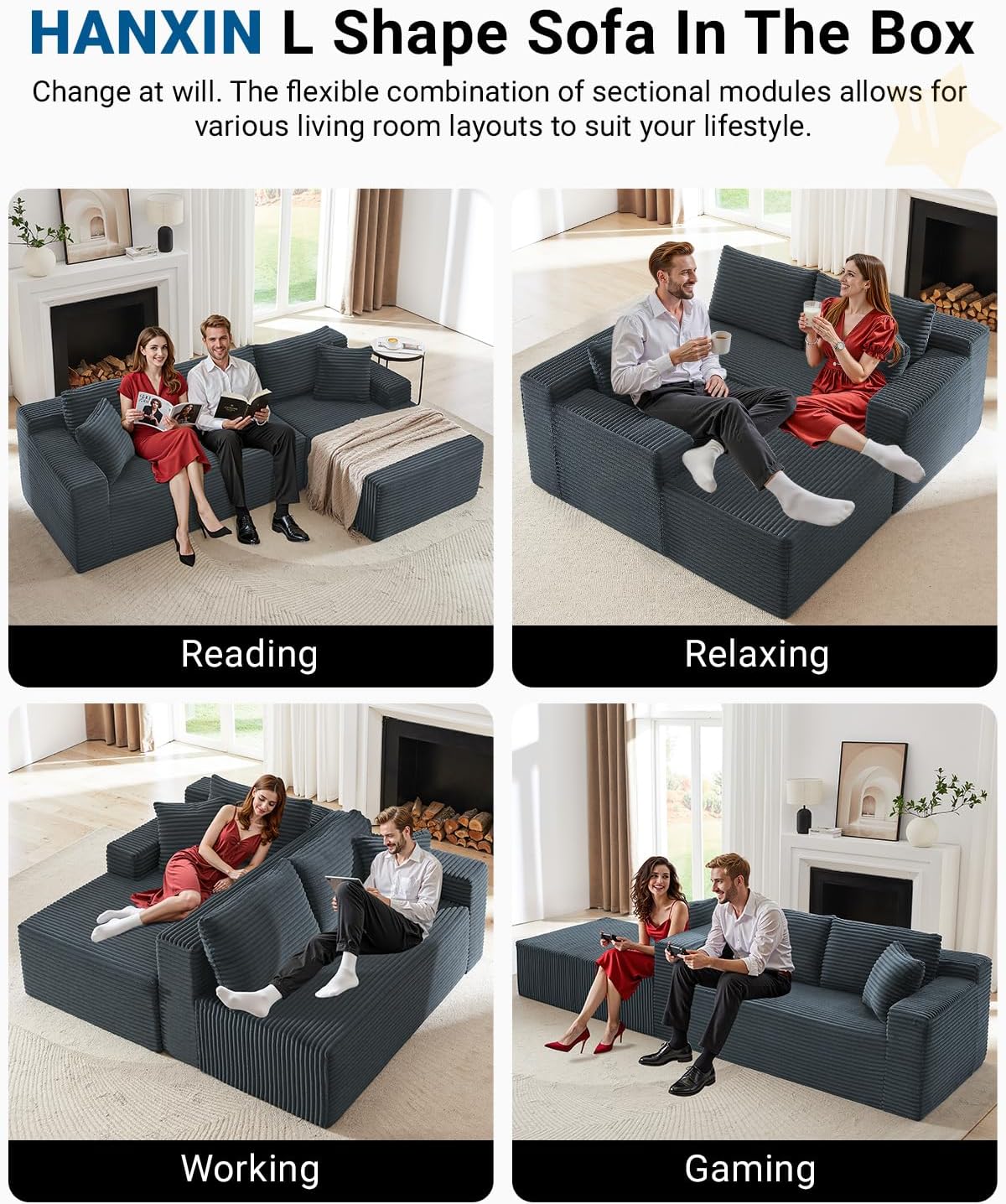 105 Inch Cloud Sectional Couch,Modern Modular Sectional Sofa with Deep Seat,Corduroy Boneless Couches with L-Shape Chaise for Living Room Bedroom,No Assembly Required (Dark Grey, Right Facing Chaise)