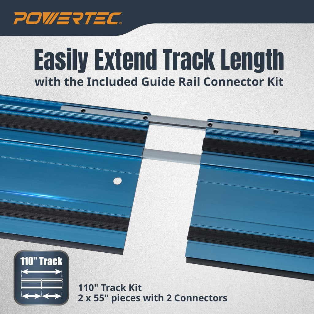 POWERTEC 72153 110' Track Saw Guide Rail Joining Set for Milwaukee Track Saws | Includes 2x55 Aluminum Guide Rails and (2) Guide Rail Connectors for Woodworking Projects