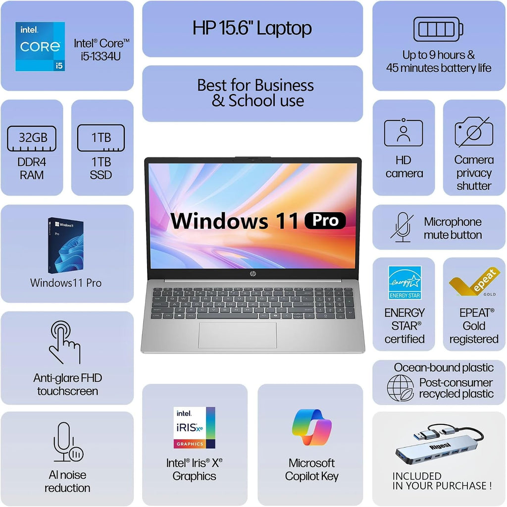 HP 15.6' FHD Touch Laptop, Intel i5, 32GB RAM, 1TB SSD, Windows 11 Pro, Wi-Fi 6, Flagship Business Laptop Bundle with Docking Station – Natural Silver