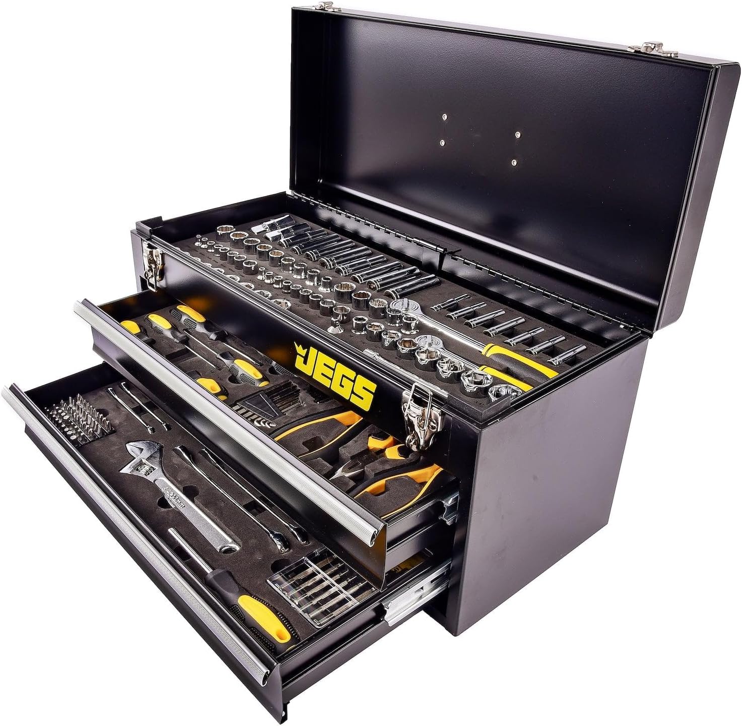 JEGS 170-Piece Mechanic's Tool Set - Includes Black Powder Coated Steel Toolbox, Sockets, Extenders, Ratchets, Wrenches, Screwdrivers, Pliers & Bits