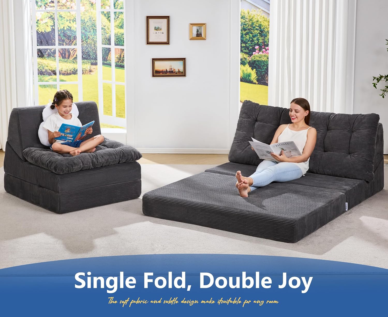 Hobestluk Sofa Couch Folding Sofa Bed Comfy Floor Lounger Convertible Sofa with Removable Cushion Couches for Small Spaces Foldable Mattress for Living Room Bedroom or Office (Cordury Grey, Large)