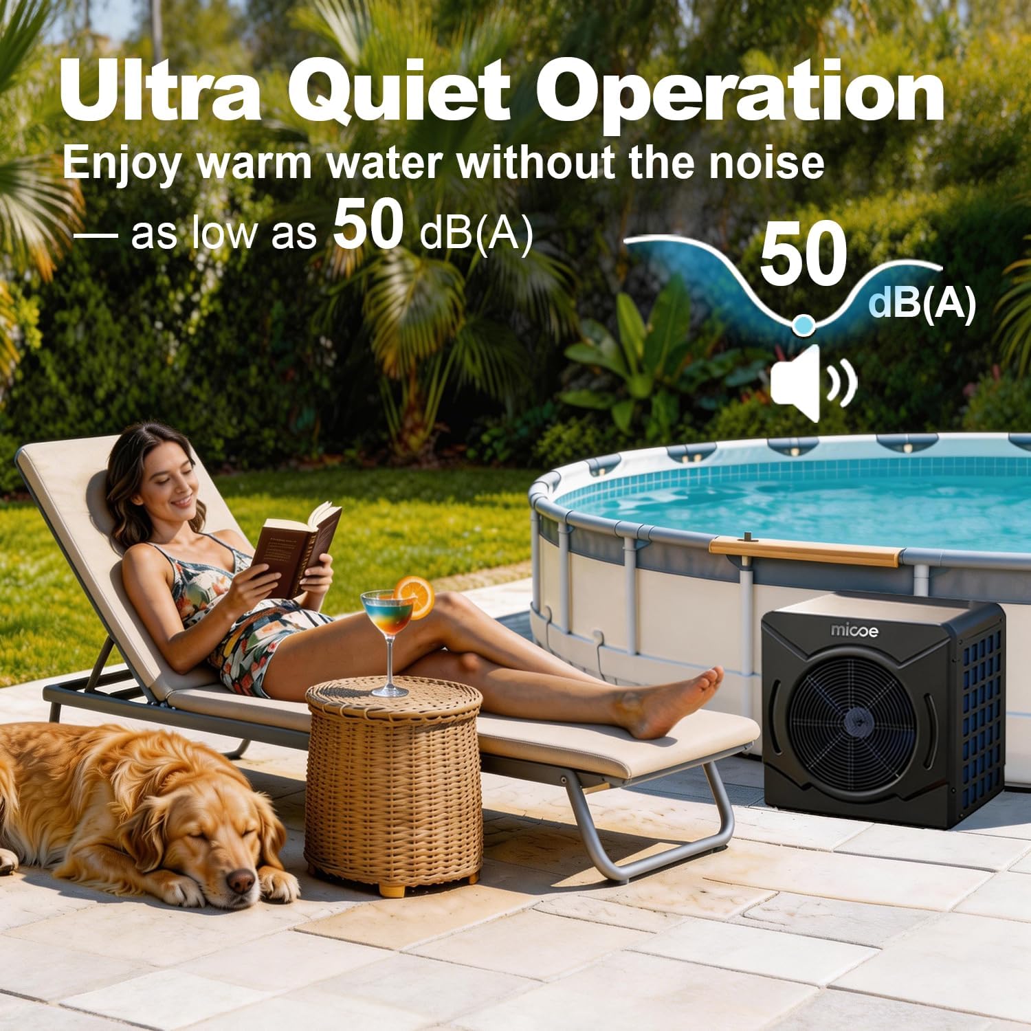 MICOE 18000 BTU Pool Heater for Above Ground Pools, Swimming Pool Heat Pump, Heating and Cooling, Smart App Control，Titanium Heat Exchanger, Ultra Quiet 50dB, 110V