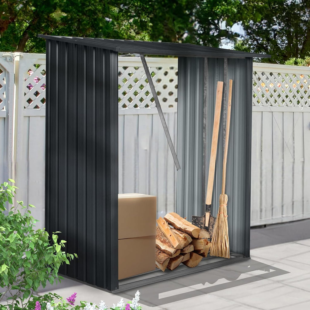 Outdoor Steel Firewood Rack, 3ft x 5ft Weather Resistant Open Wood Shed with Sloped Roof for Firewood, Pellet, or Lumber Storage, Black