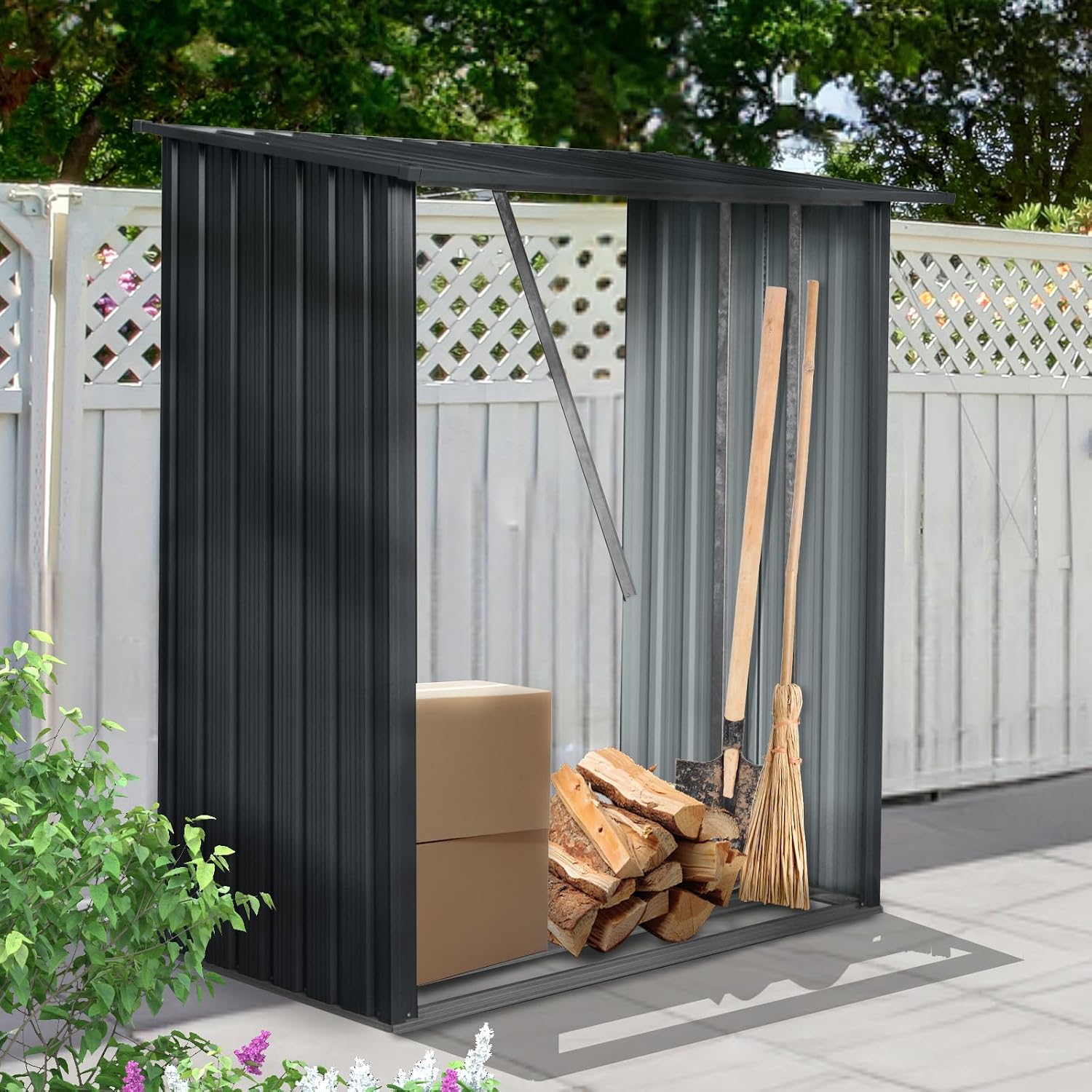 Outdoor Steel Firewood Rack, 3ft x 5ft Weather Resistant Open Wood Shed with Sloped Roof for Firewood, Pellet, or Lumber Storage, Black