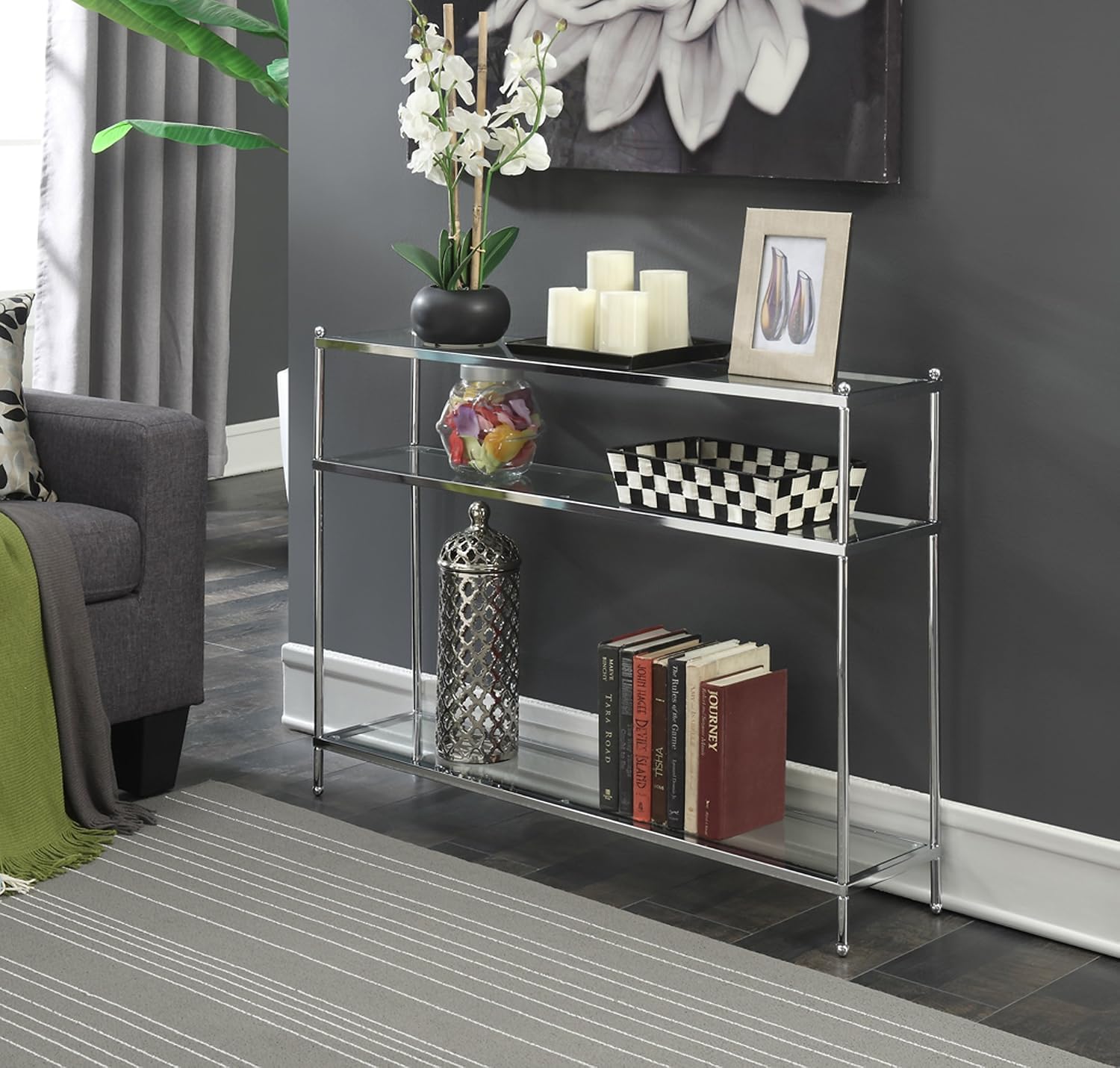 Convenience Concepts Royal Crest Glass Console Hall Table 42' - 3 Tier Modern, Contemporary Narrow Display Accent with Storage Shelves for Living Room, Entryway, Hallway, & Bedroom, Chrome