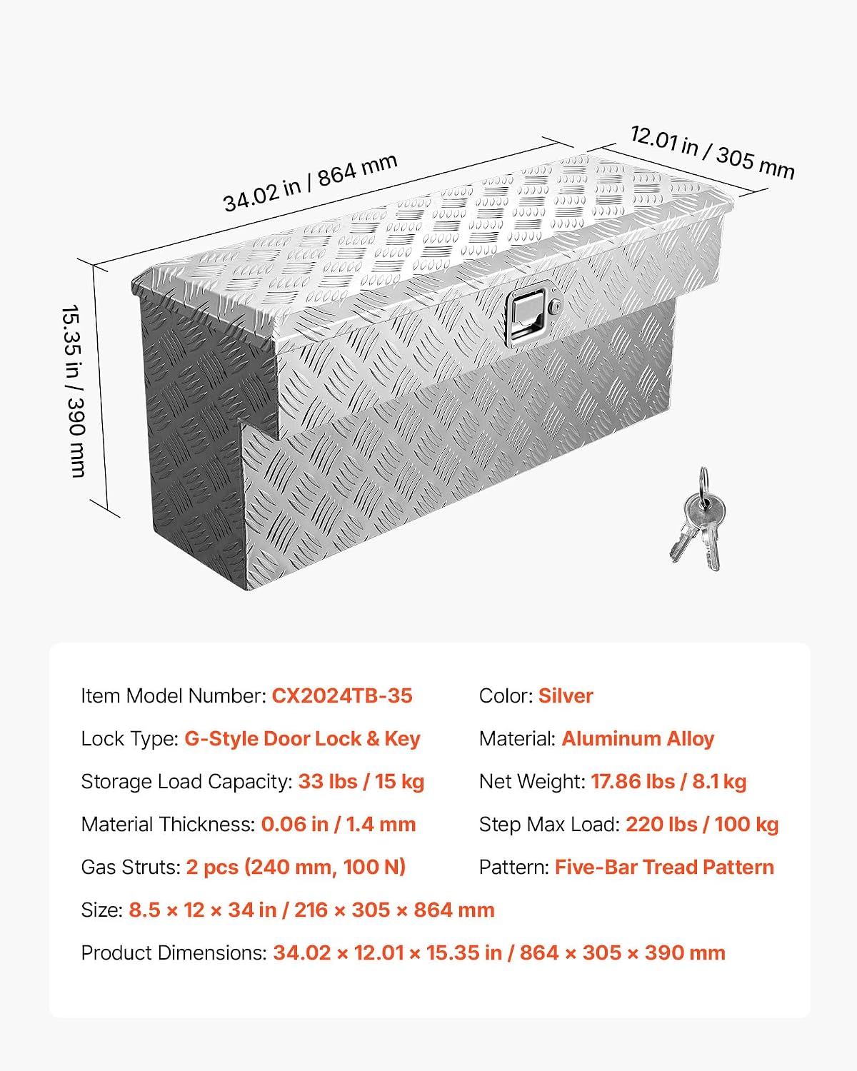 VEVOR Truck Bed Tool Box, Heavy Duty Aluminum Tool Box with Tread Patterns, Storage Toolbox Chest Organizer with Lock and Key, Ideal for Pickup, Truck Bed, RV, Trailer, 34 x 12 x 15.4 in, Silver