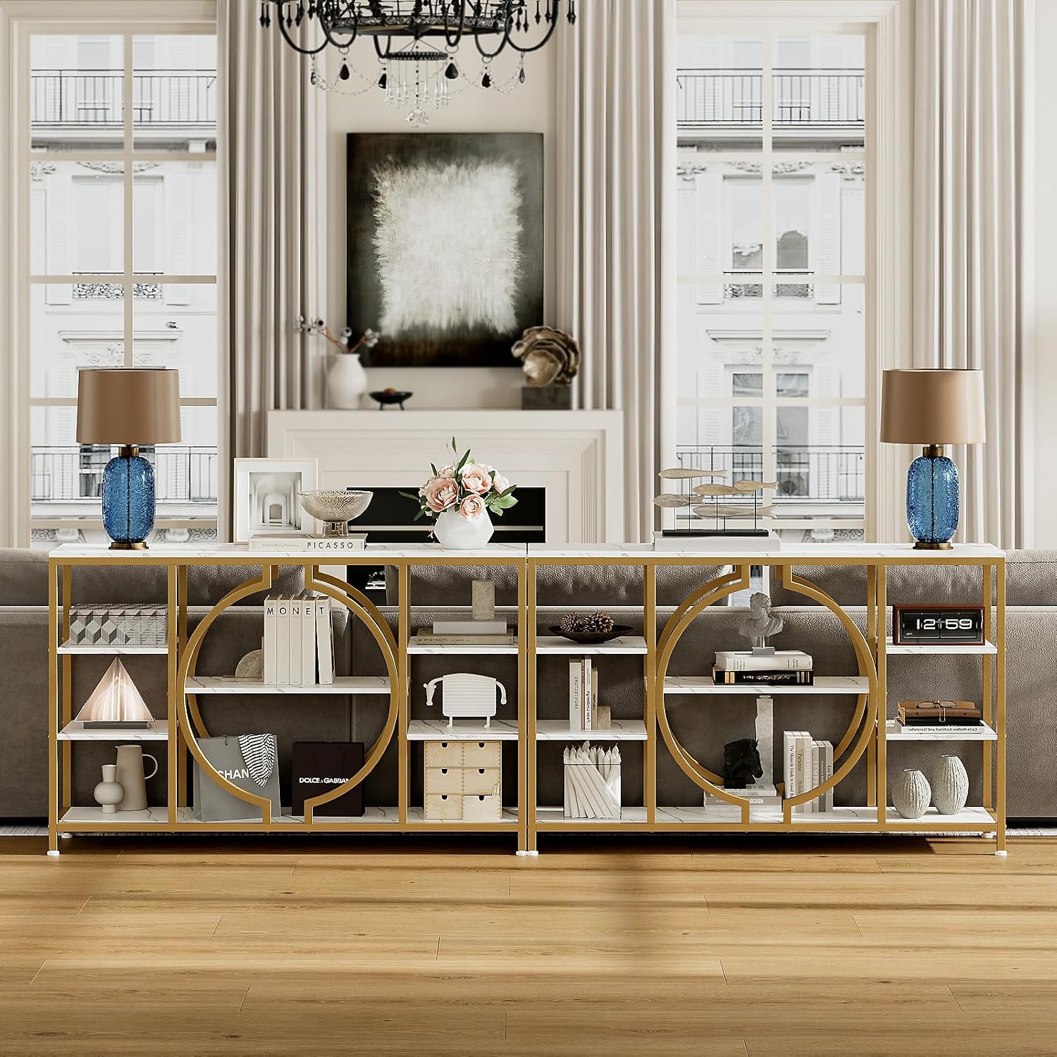 GiftGo 47' Industrial Console Tables for Entryway Rustic Sofa Table Behind Couch 4 Tier Wooden Shelves Entry Table with Storage for Foyer, Hallway, Front Door,Living Room (White Gold, 47')