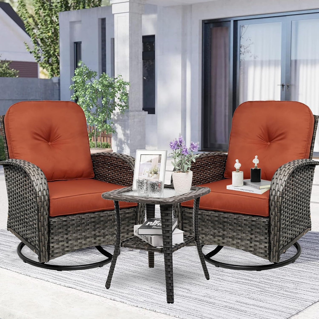 3-Piece Swivel Rocker Wicker Chair Set of 2 ，360-Degree Rocking Chairs Outdoor with Cushions，Glass Table for Garden,Backyard, Bistro.Red