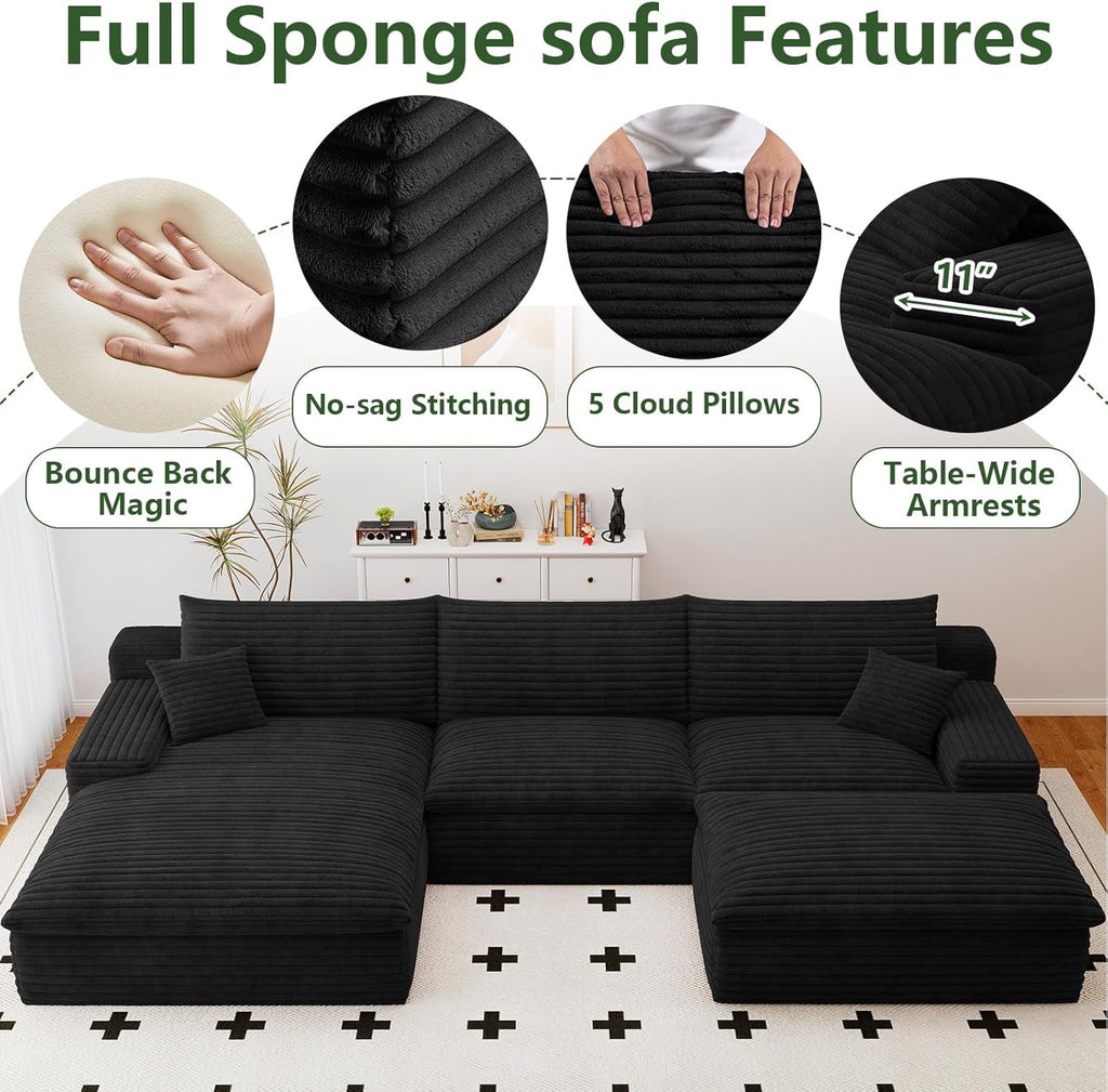 107' Cloud Couch Modular Sectional Sofa for Living Room, U-Shape Boneless Couch with Deep Seat, Modern Corduroy 3-Seater with Ottoman, No Assembly Required (Black,Left-Facing Chaise)