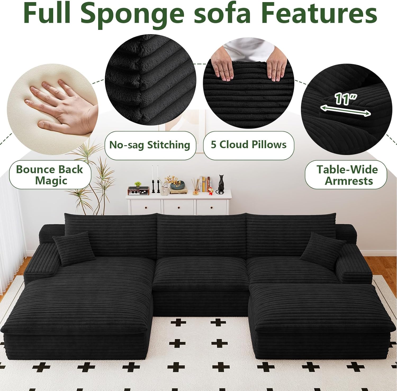 107' Cloud Couch Modular Sectional Sofa for Living Room, U-Shape Boneless Couch with Deep Seat, Modern Corduroy 3-Seater with Ottoman, No Assembly Required (Black,Left-Facing Chaise)