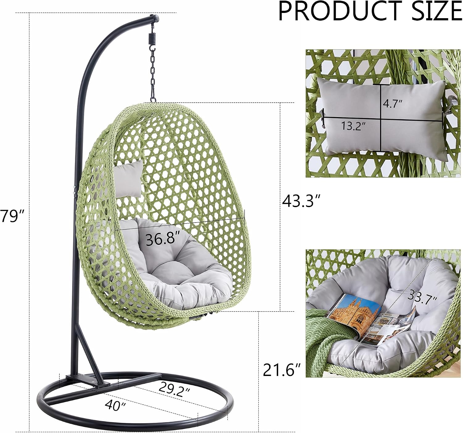 Egg Swing Chair Outdoor with Stand, Hanging Egg Rattan Basket Chair with Cushion and Pillow, Lounge Chair, Foldable Basket and Metal Stand for Porch, Patio, Bedroom, Balcony,Yard (Green)
