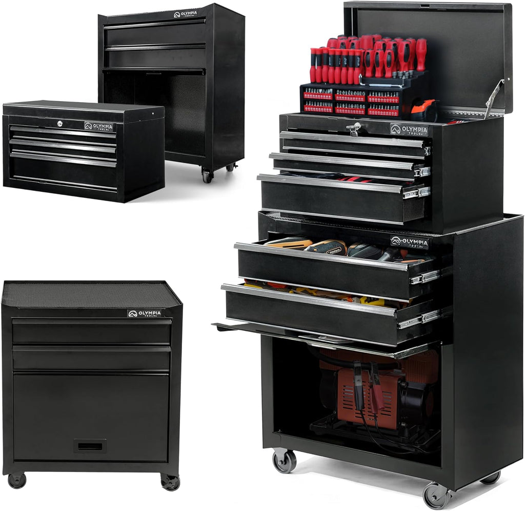 Olympia Tools Tool Chest Cabinet with Drawer - Tool Box with Ball Bearing Fully Extendable Drawers Garage Storage Tools & Equipment (26.5IN Combo Rolling Tool Chest)
